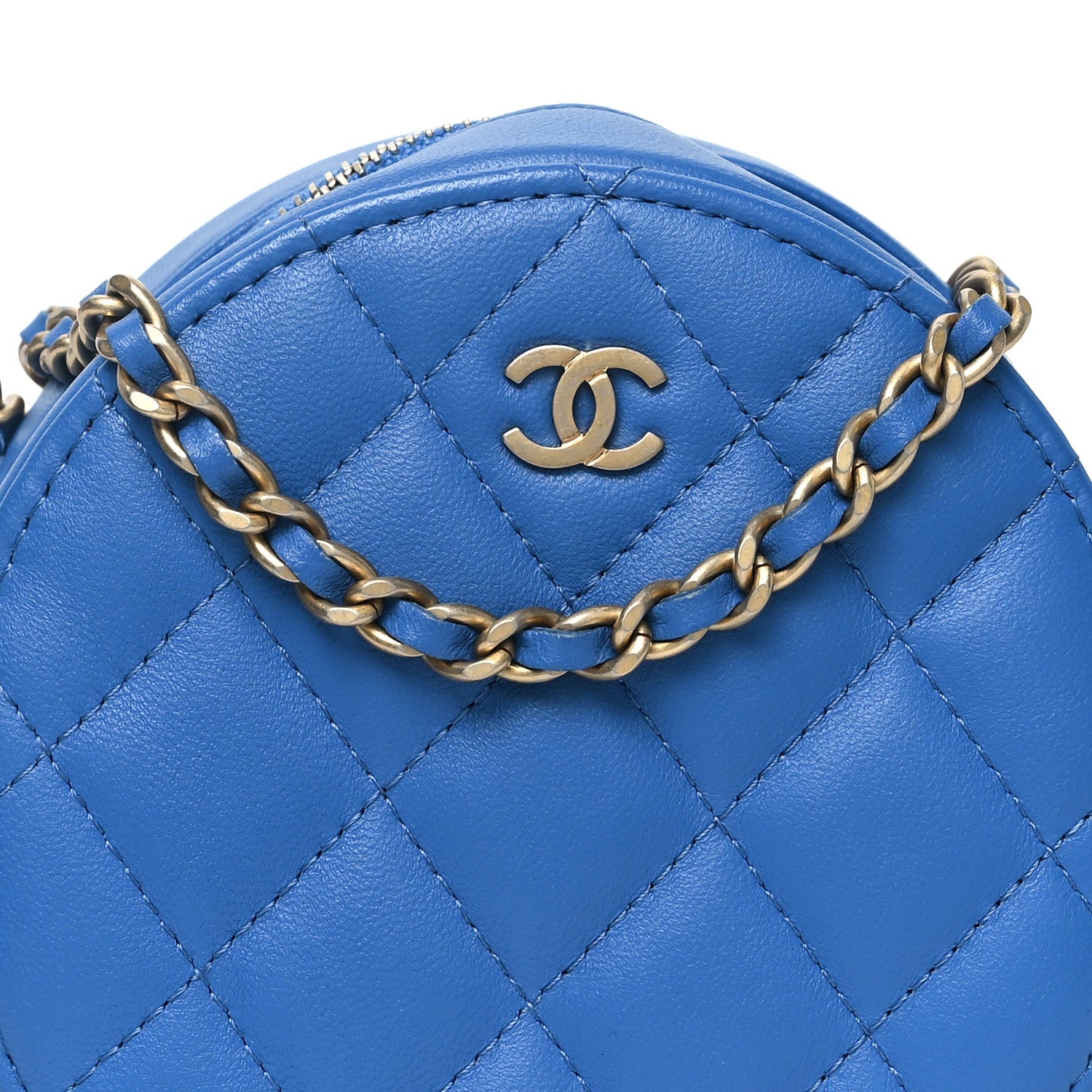 Lambskin Quilted Round Clutch With Chain Blue