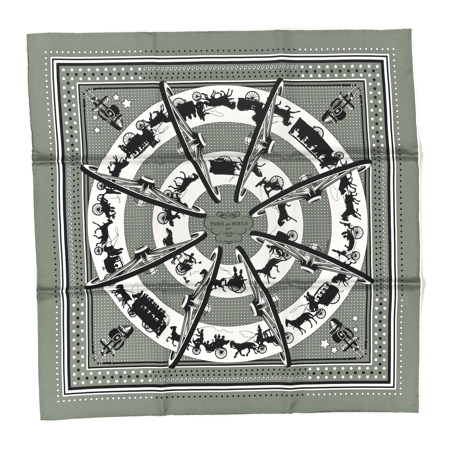 Silk Paris Qui Roule Bandana Scarf 55 Vert Sauge White