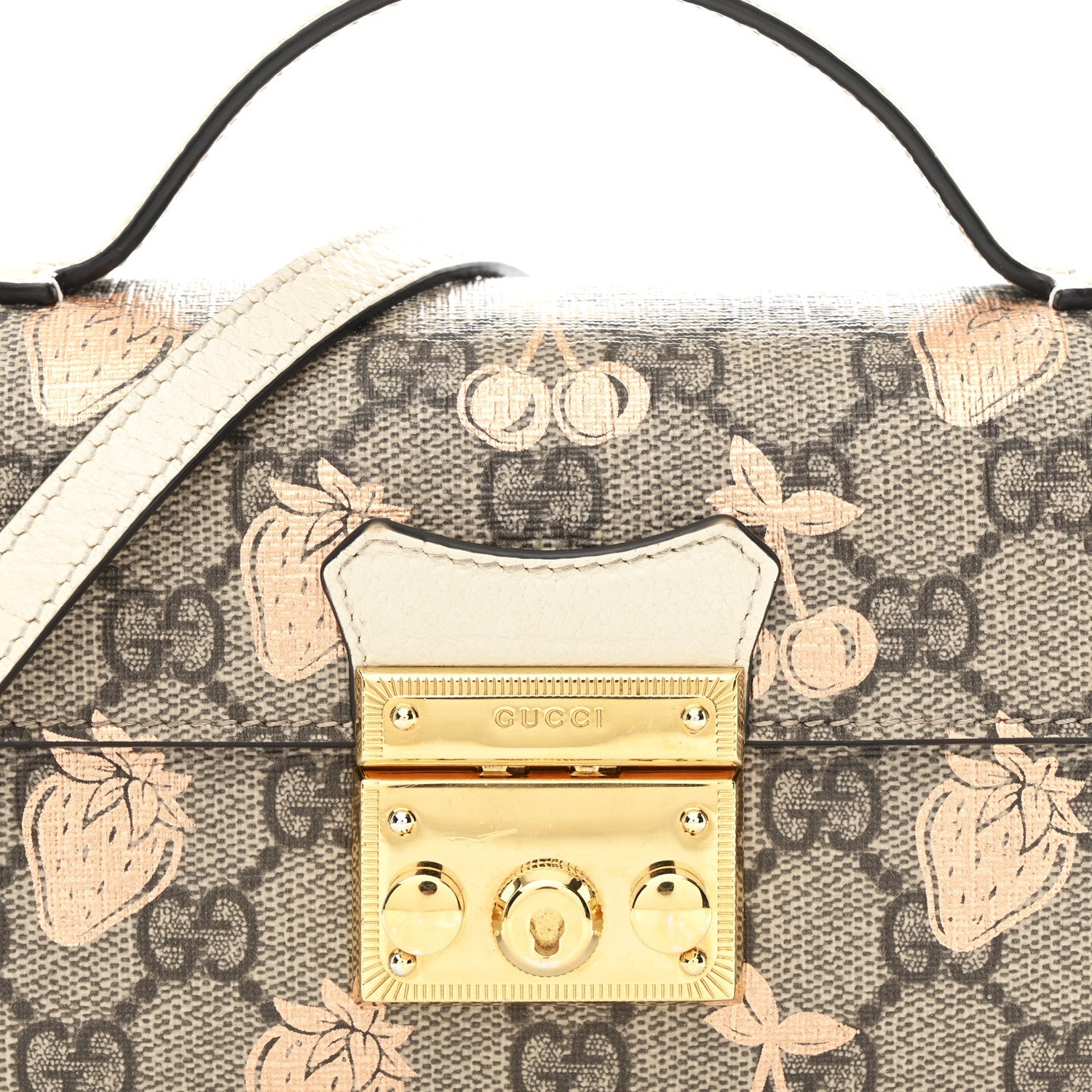 GG Supreme Monogram Berry Textured Dollar Calfskin Mini Padlock Top Handle Shoulder Bag Beige Ebony Light Copper Mystic White
