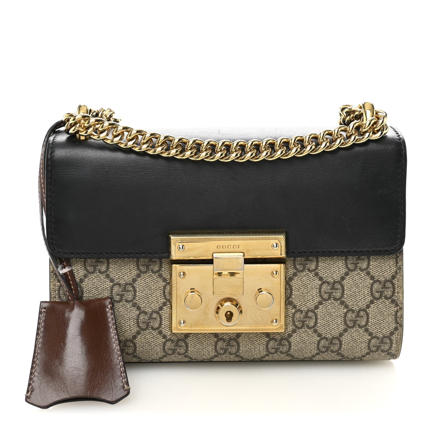 GG Supreme Monogram Calfskin Small Padlock Shoulder Bag Beige Black Cuir