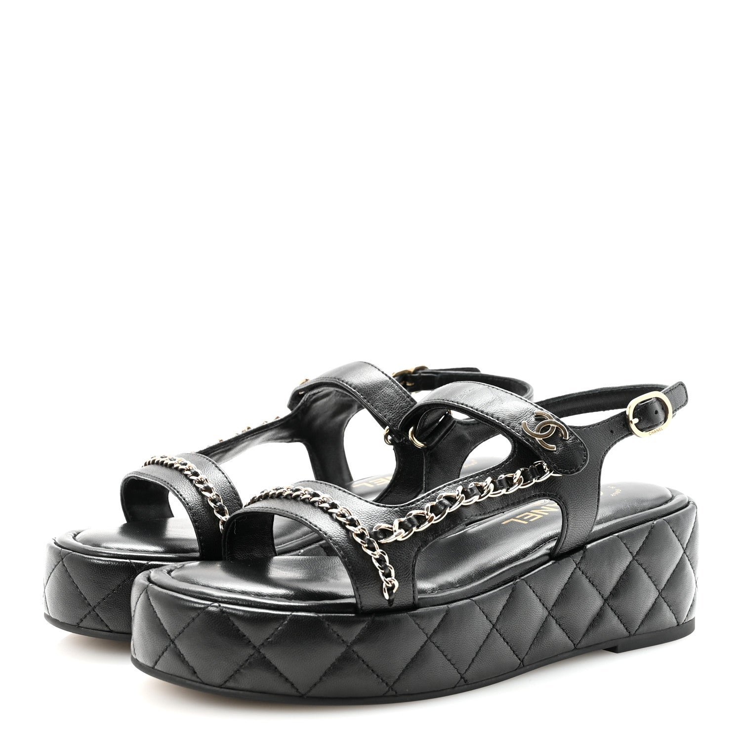 Lambskin Quilted Chain CC Platform Sandals 38.5 Black