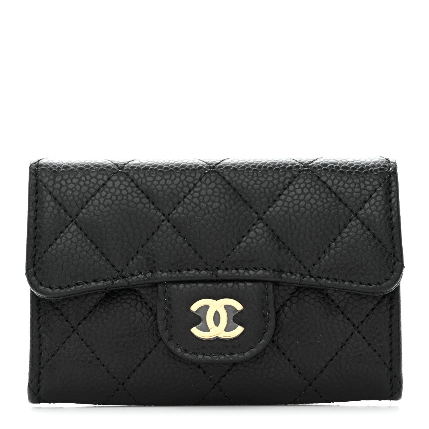 Caviar Quilted Flap Card Holder Wallet Black