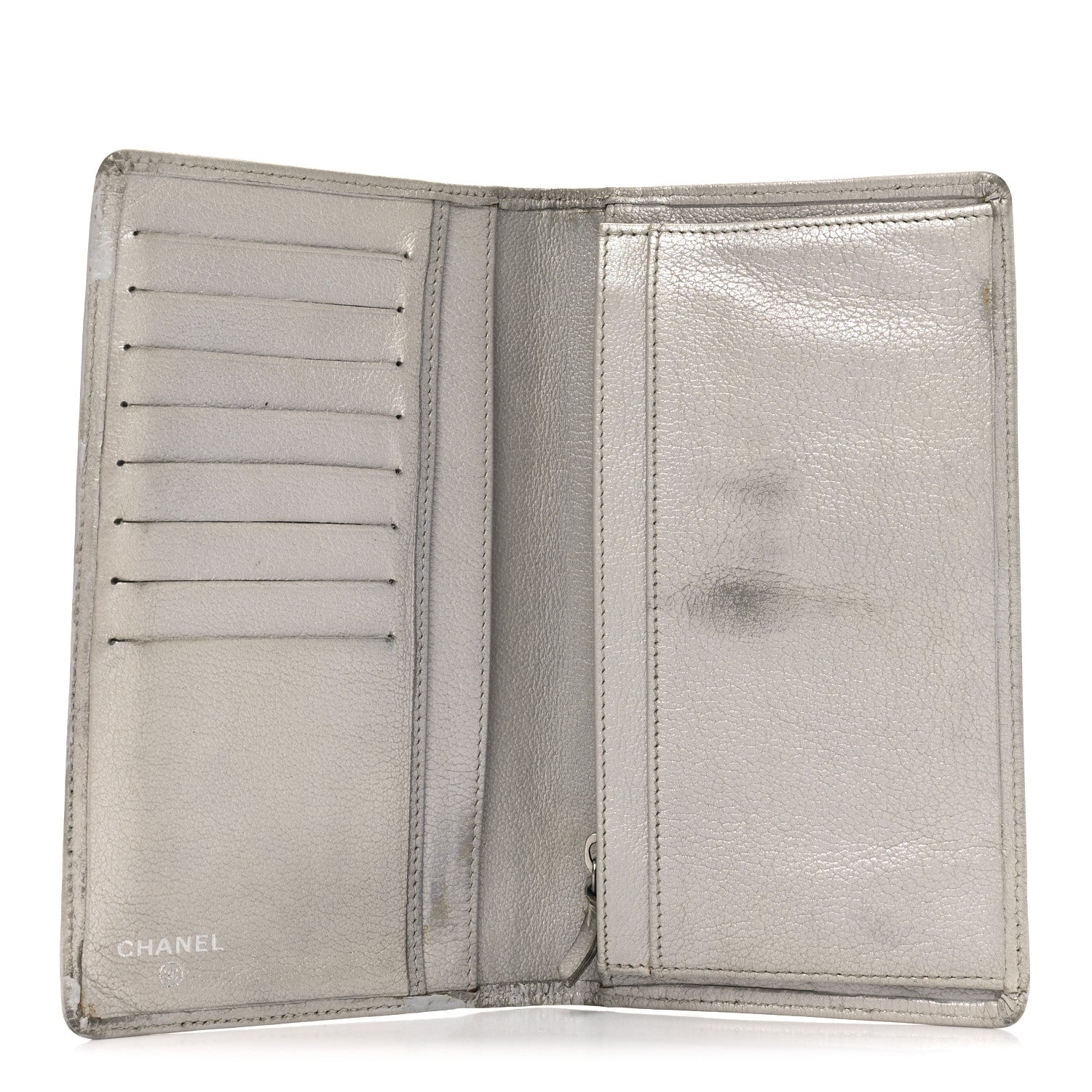 Metallic Goatskin Camellia Embossed Yen Wallet Silver
