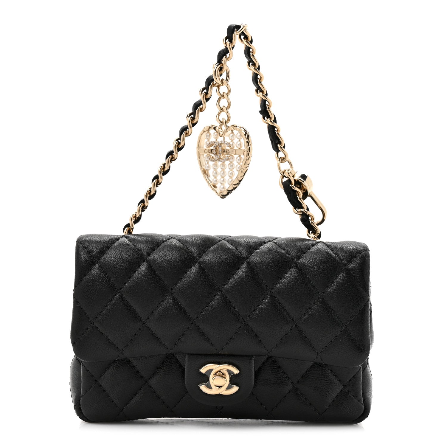 Lambskin Quilted Mini Flap Bag Charm With Hook Black