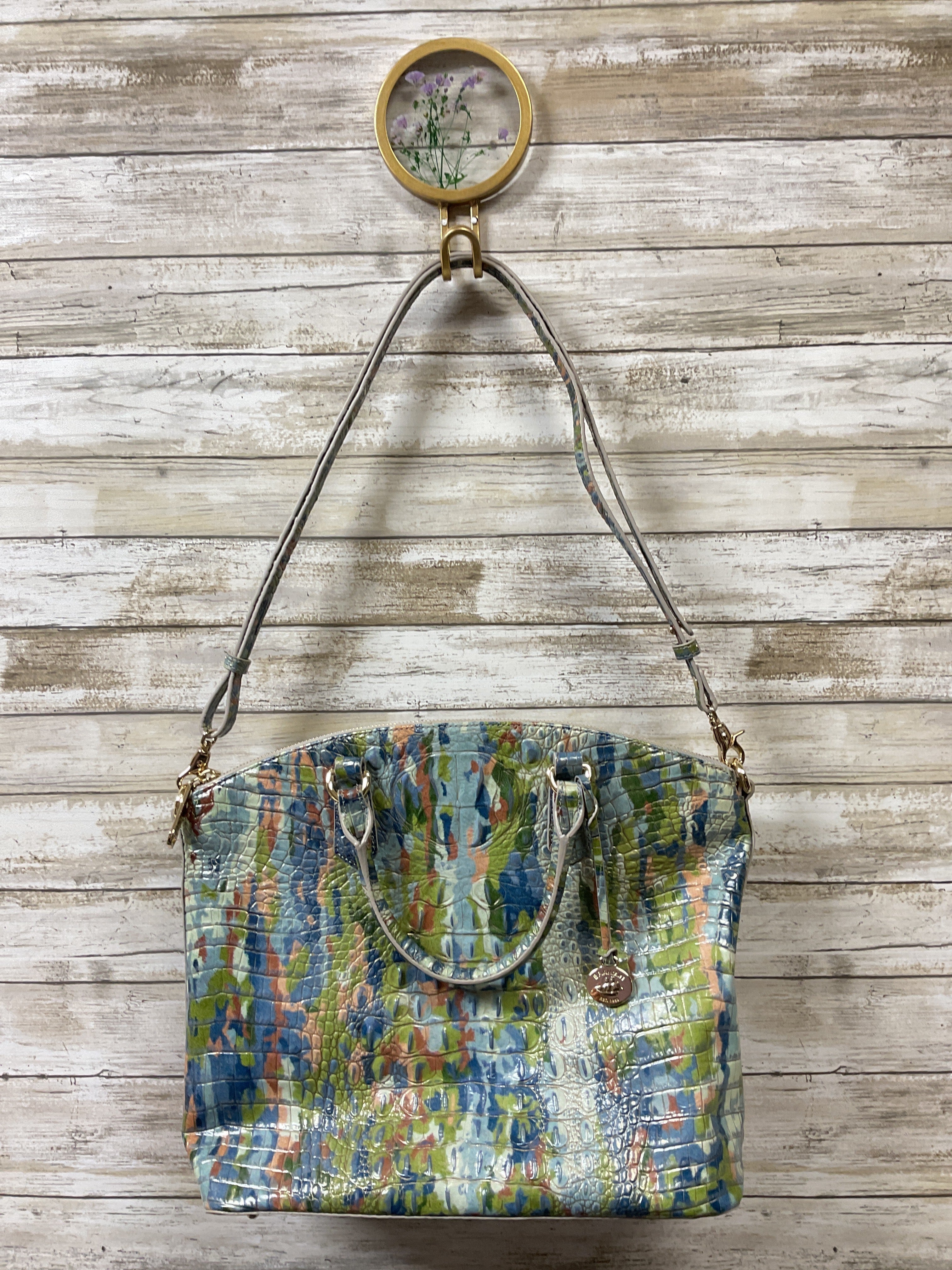 Handbag Designer By Brahmin In Green & Pink, Size:Large