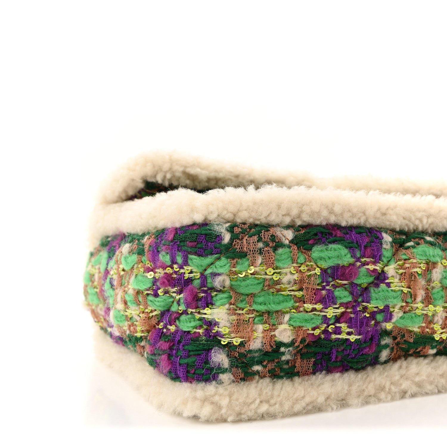 Tweed Shearling Large Flap Bag Green Purple Ecru Brown