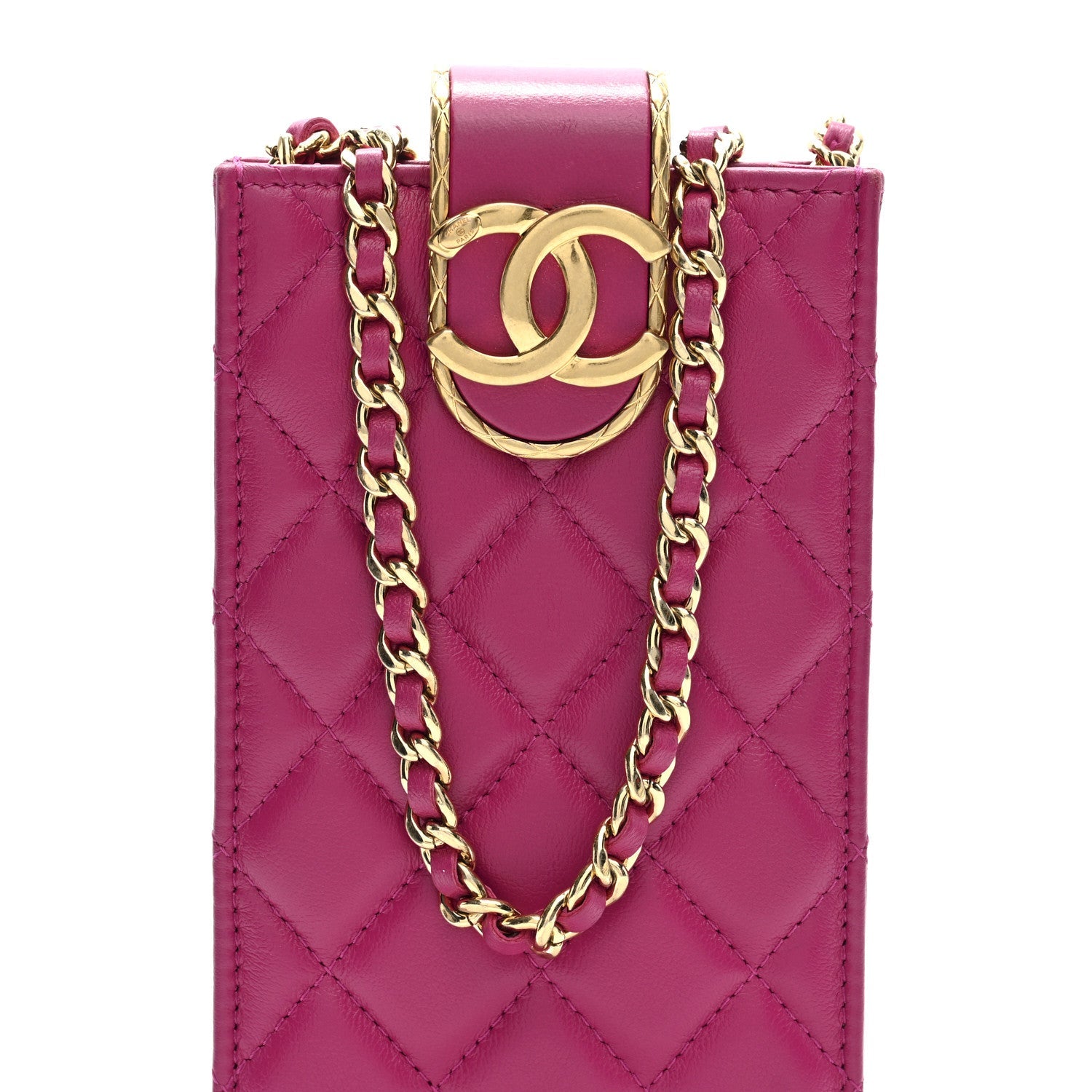 Lambskin Quilted Phone Holder With Chain Fuchsia