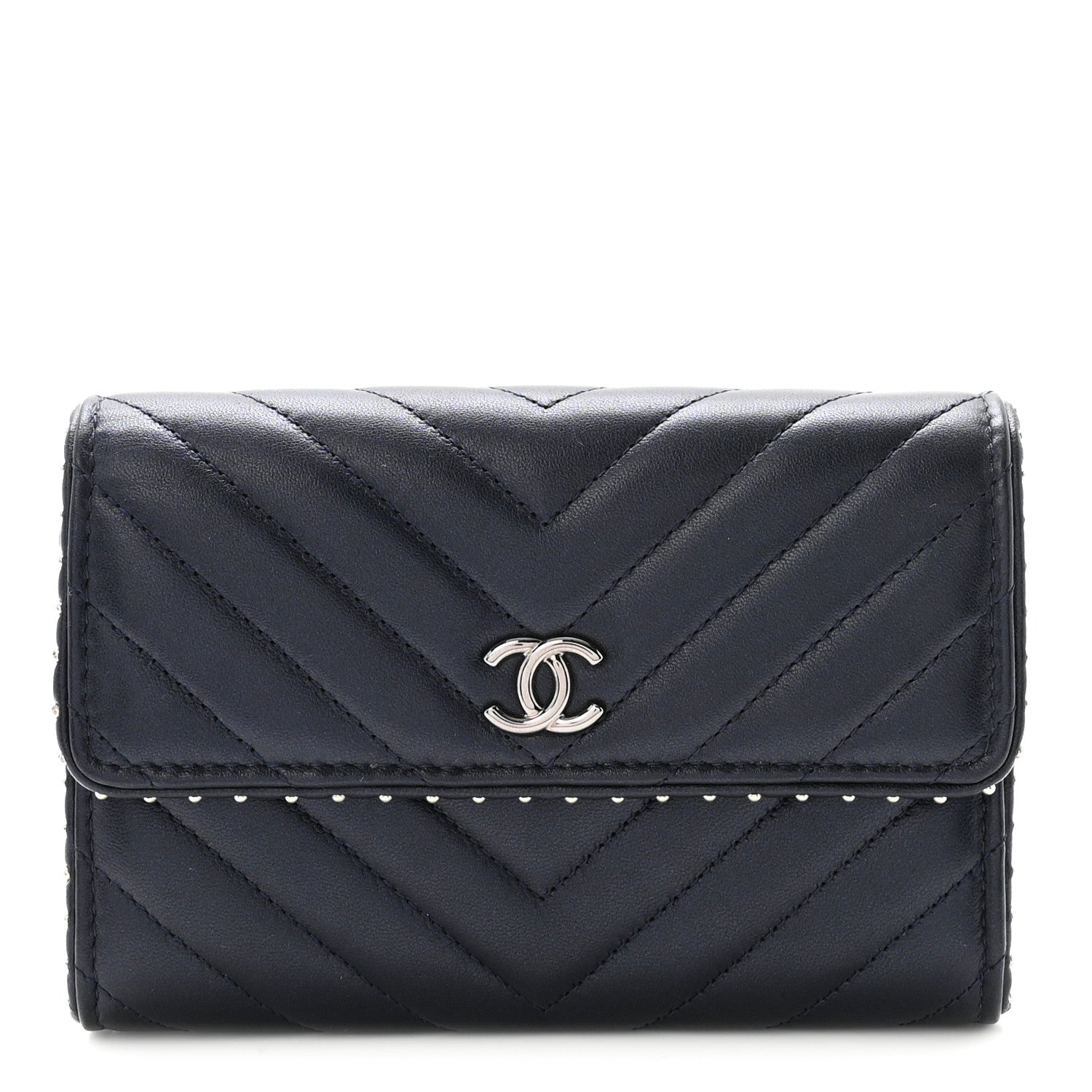 Lambskin Chevron Quilted Studded Small Flap Wallet Navy Blue