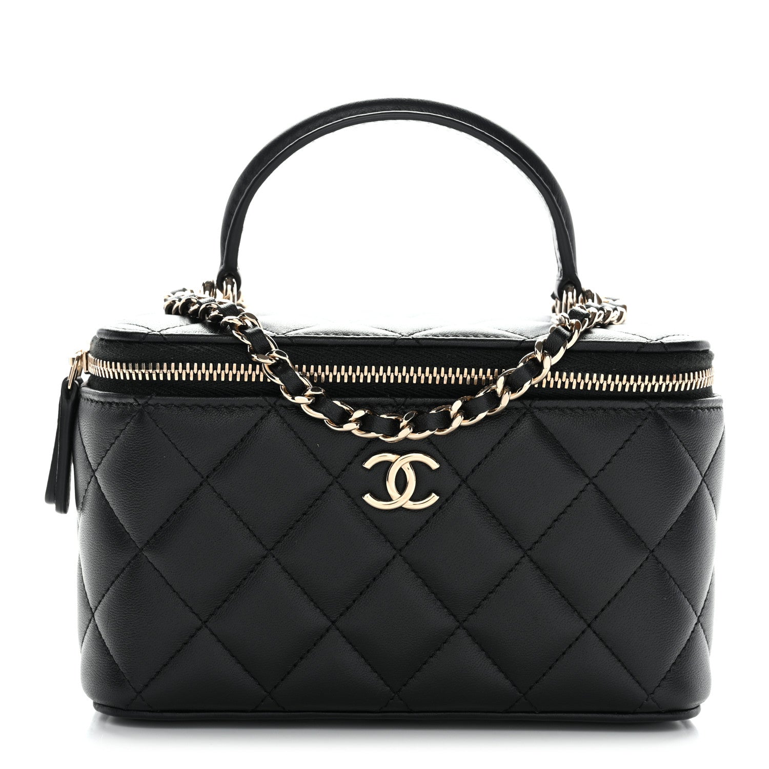 Lambskin Quilted Small Top Handle Vanity Case With Chain Black