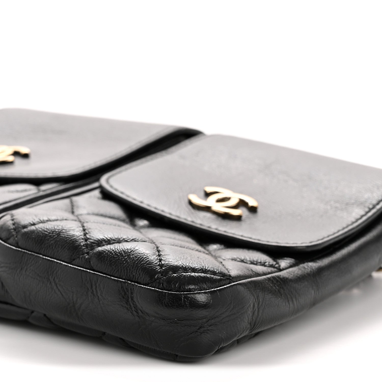 Glazed Calfskin Quilted Double Pocket Crossbody Flap Black