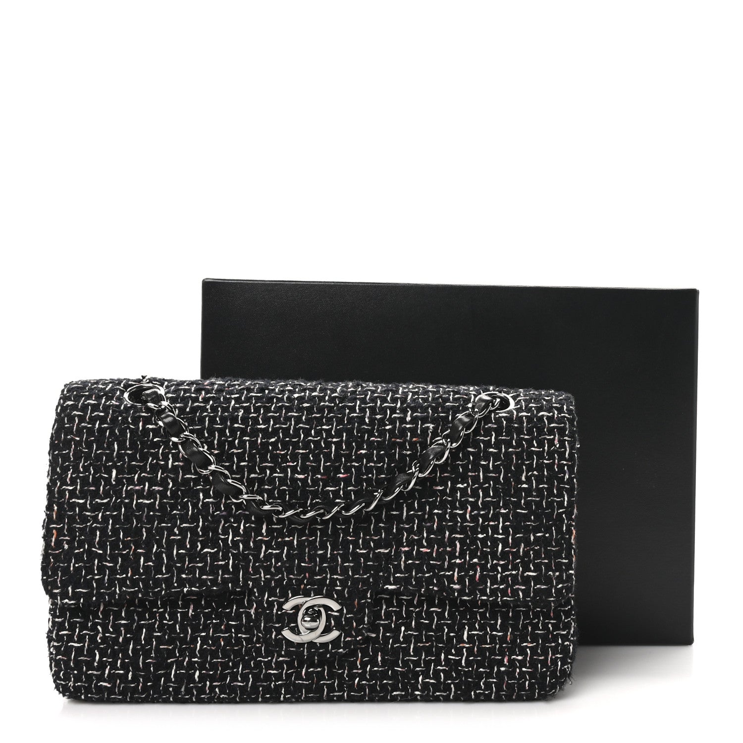 Tweed Quilted Medium Double Flap Black Multicolor