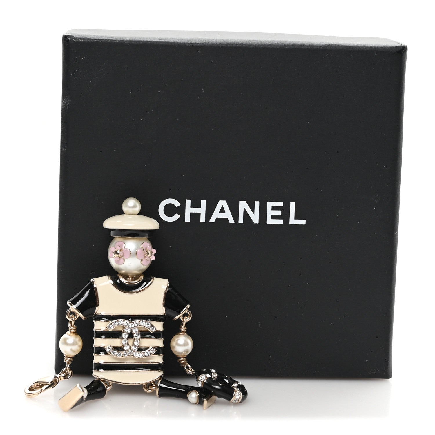 Enamel Crystal Pearl CC Sailor Brooch Black White
