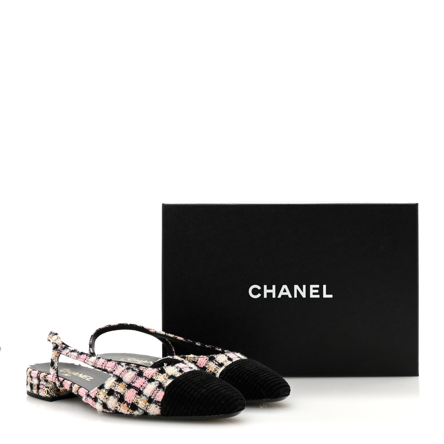 Tweed Cap Toe CC Slingback Flats 40 Black Pink White