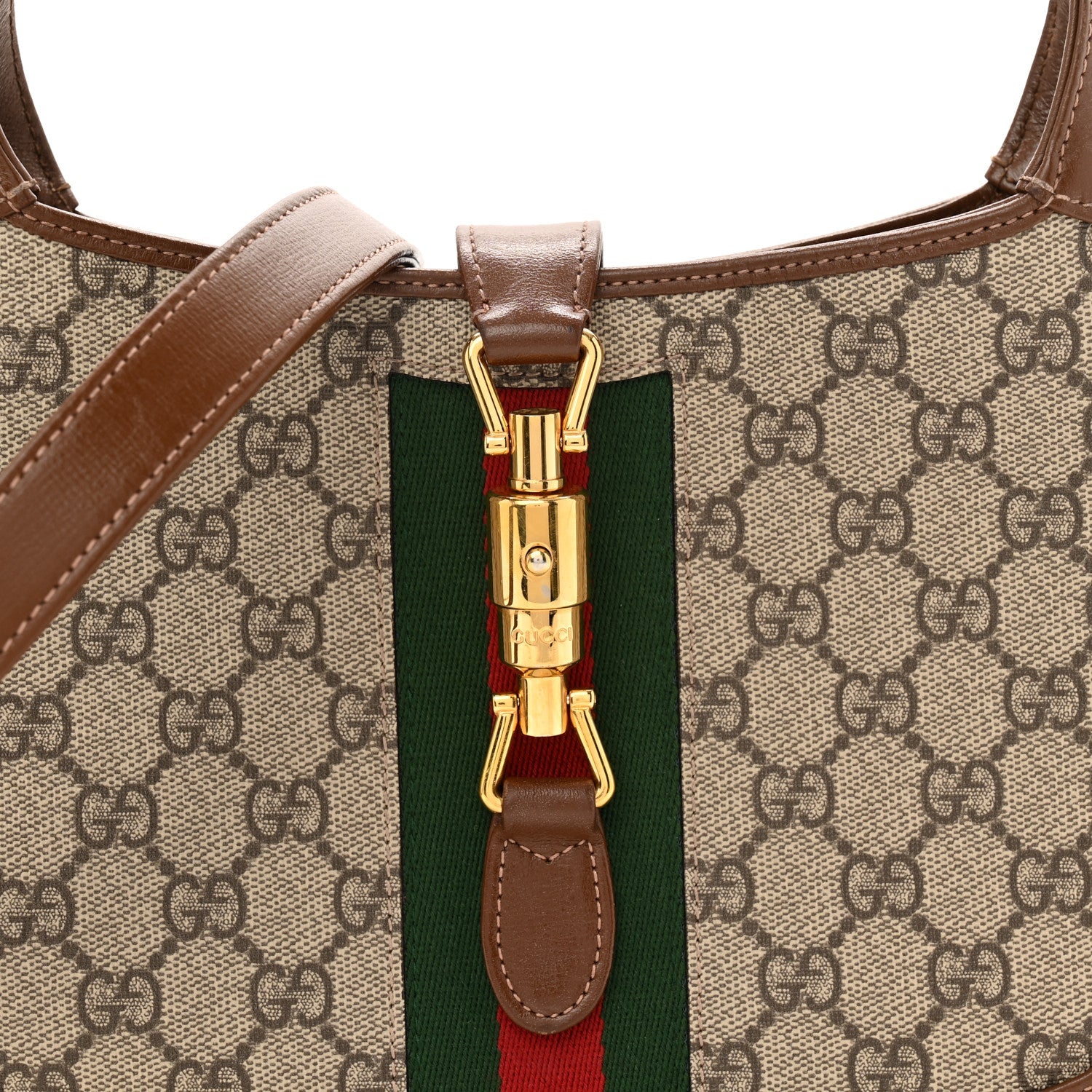 GG Supreme Monogram Azalea Calfskin Web Small Jackie 1961 Hobo Beige Ebony Brown Sugar