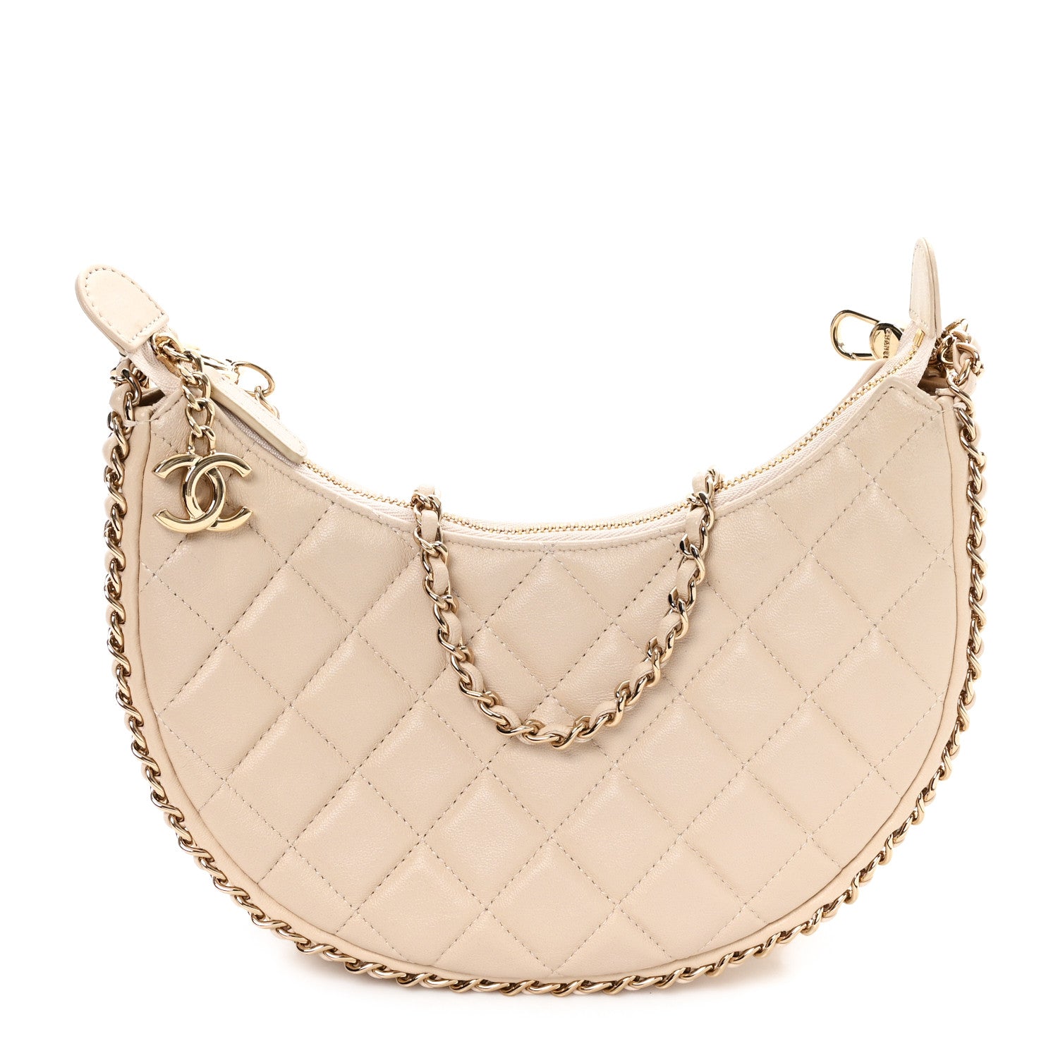 Lambskin Quilted Small Hobo Bag Light Beige
