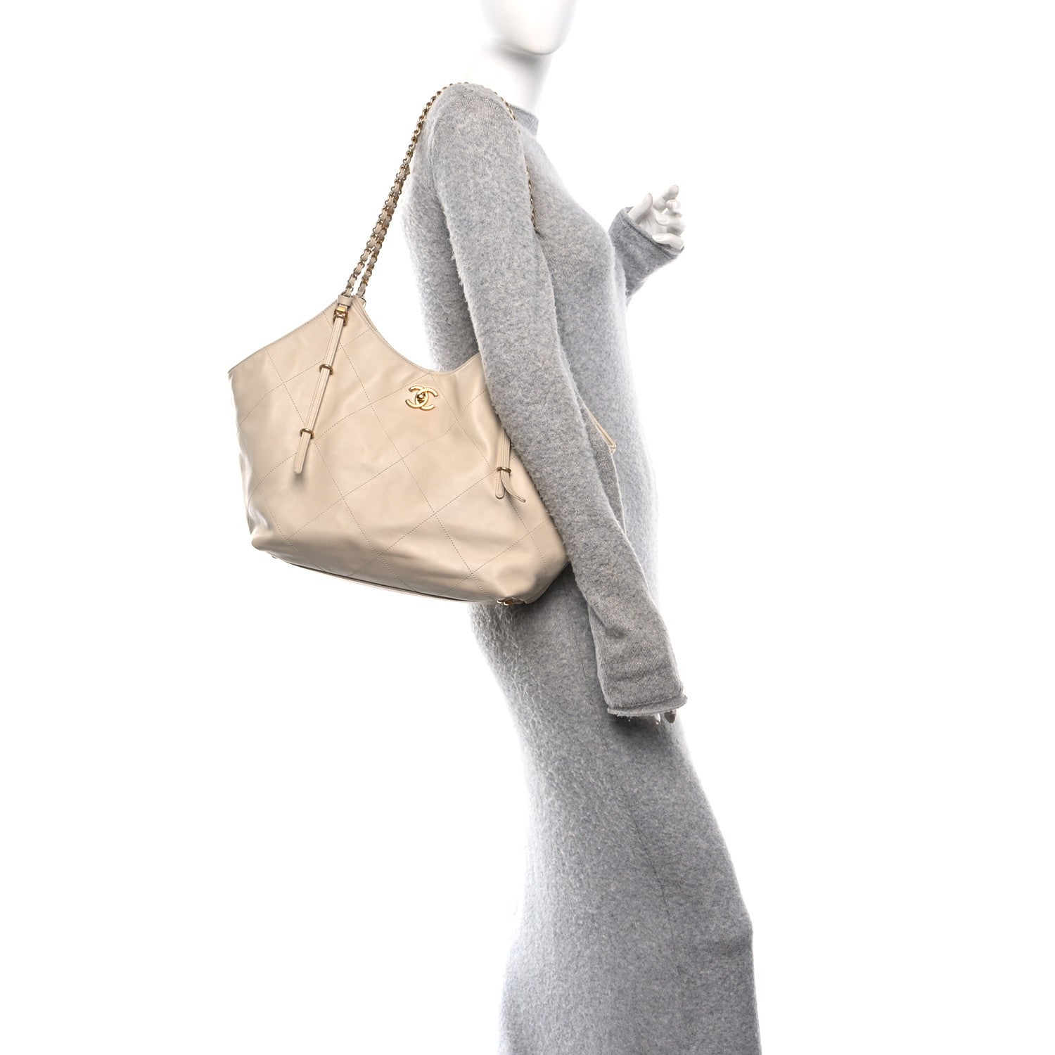 Calfskin Quilted Small Shopping Bag Beige