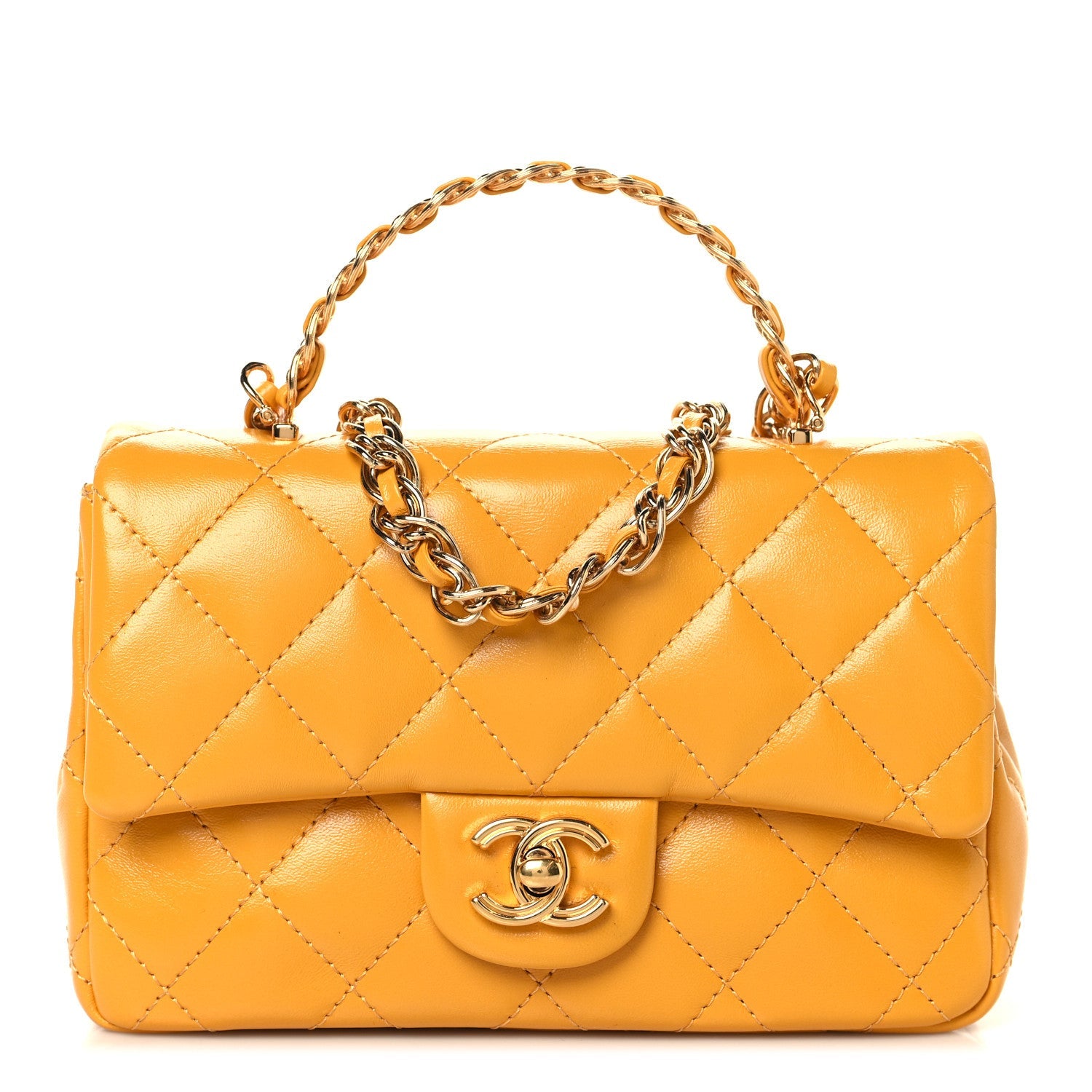 Shiny Lambskin Quilted Golden Links Top Handle Flap Yellow