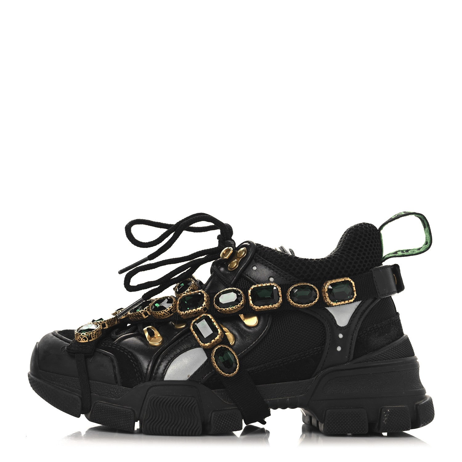 X SEGA Mesh Suede Calfskin Removable Crystals Womens Flashtrek Sneakers 35.5 Black Silver