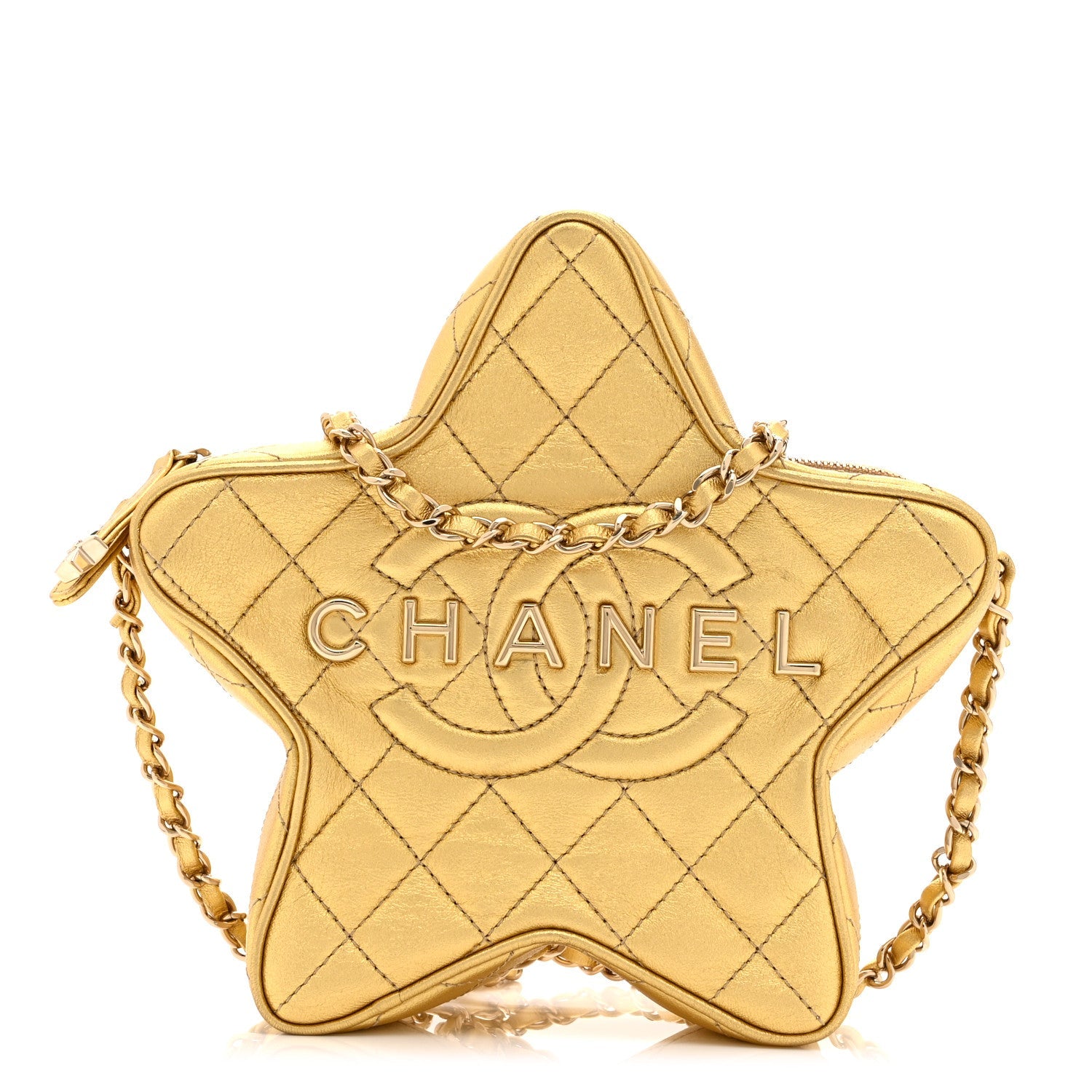 Metallic Lambskin Quilted Walk Of Fame Star Bag Gold