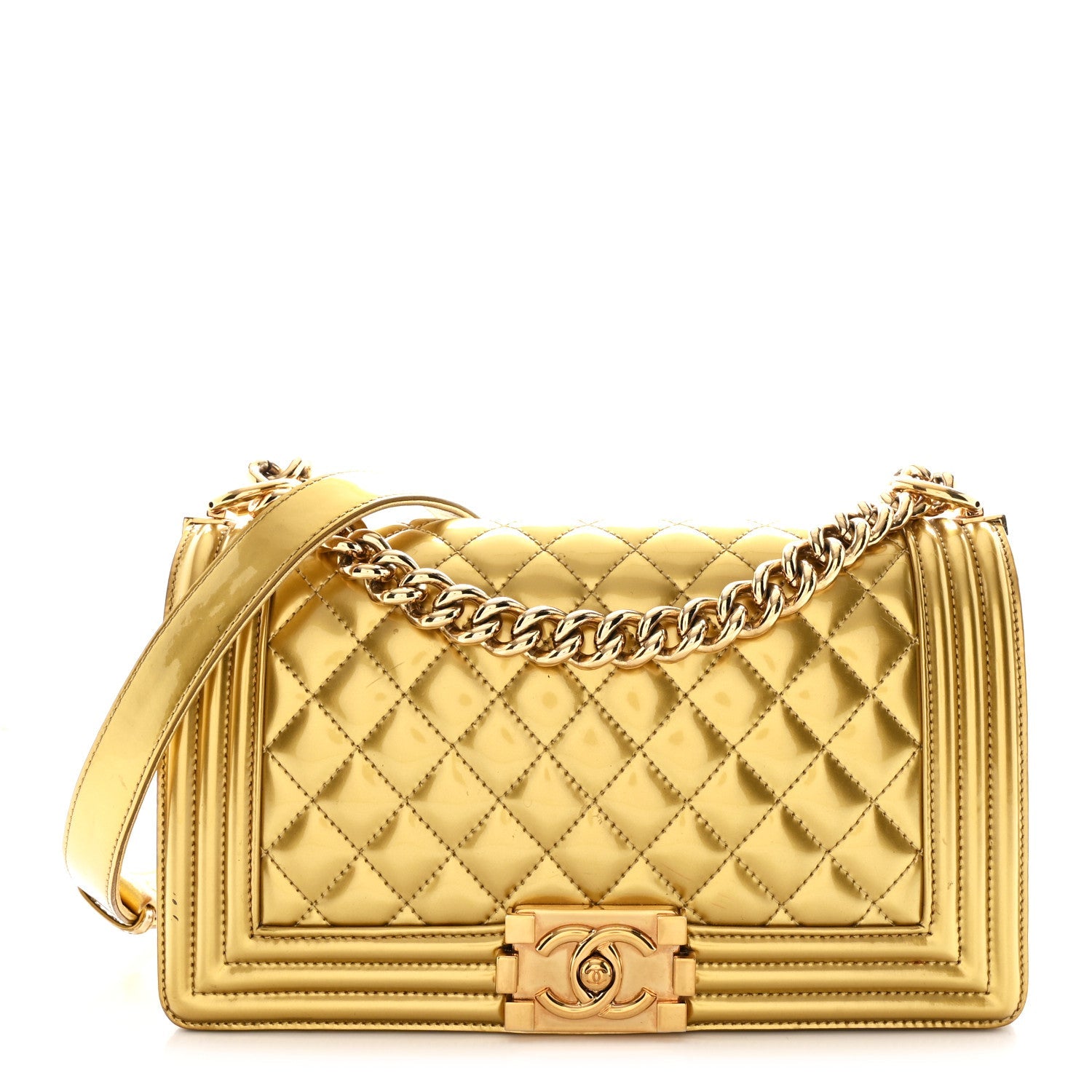 Metallic Patent Calfskin Quilted Medium Boy Flap Gold
