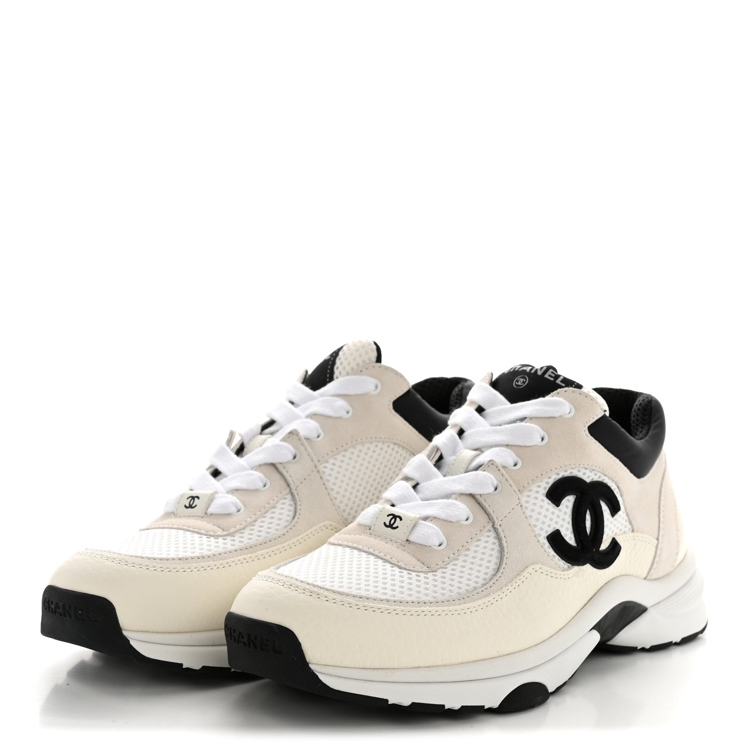 Mesh Suede Grained Calfskin Womens CC Sneakers 38.5 White Black