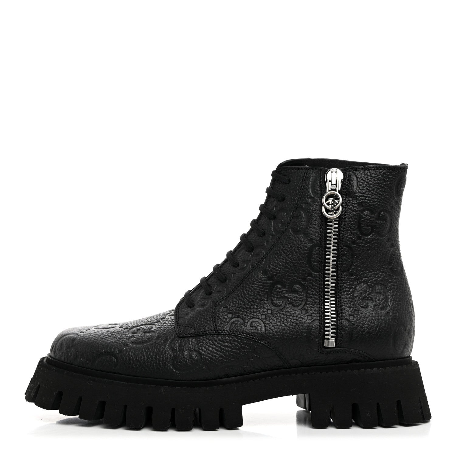 Calfskin Embossed Monogram Lace Up Ankle Boots 8 Black