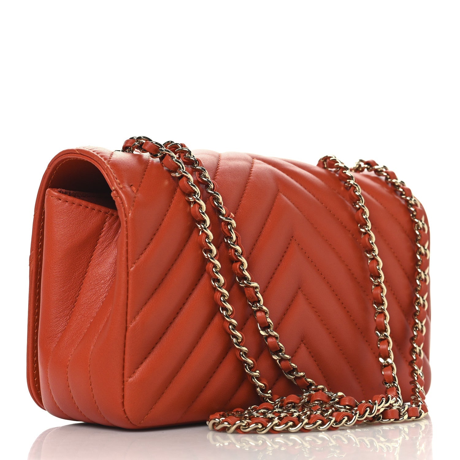 Calfskin Chevron Quilted Mini Statement Flap Dark Orange
