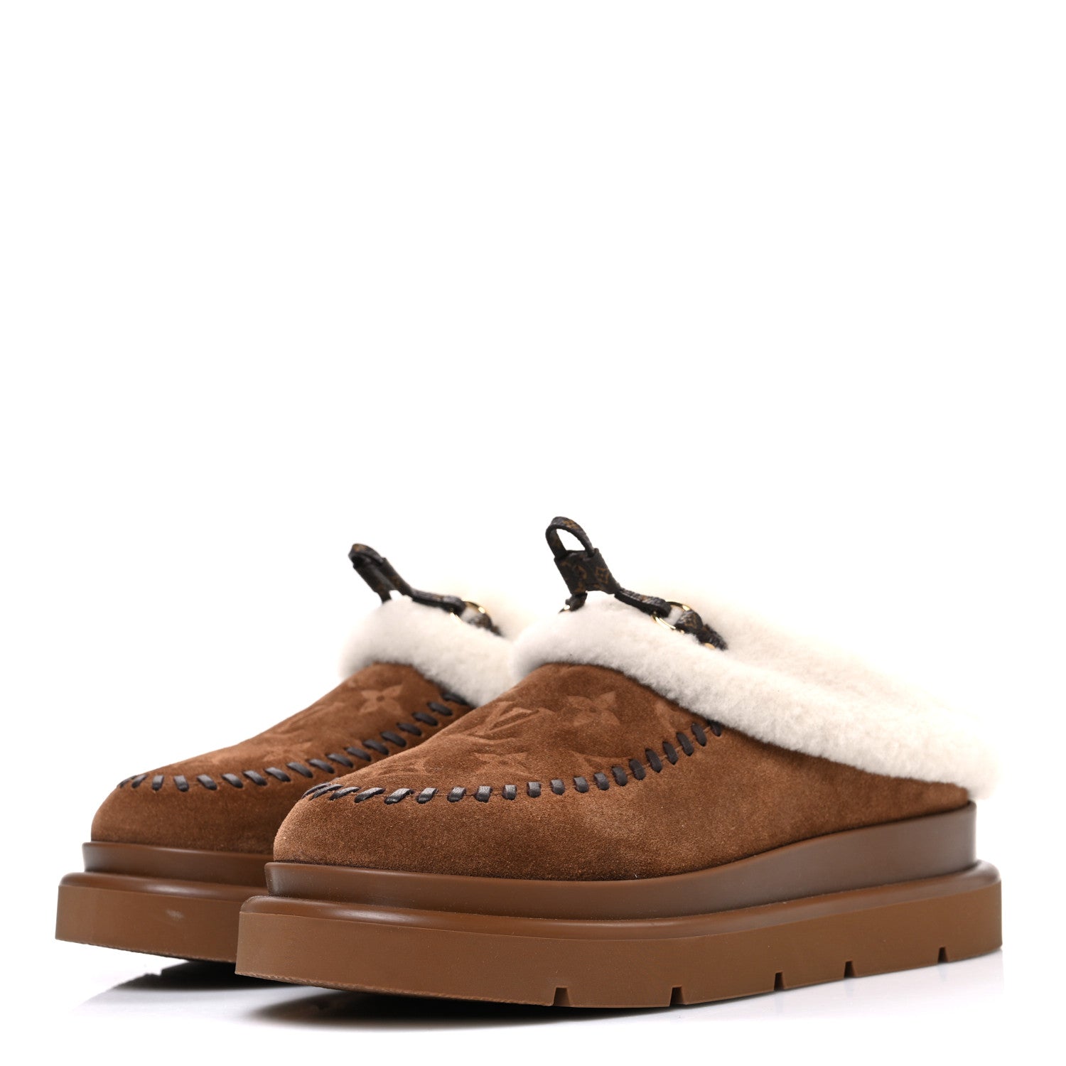 Suede Calfskin Shearling Monogram Debossed Cortina Closed Mule 38 Light Beige