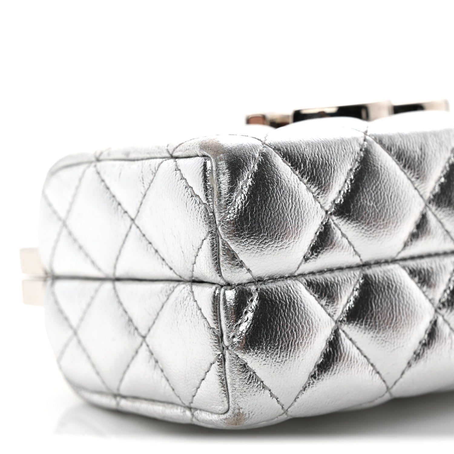 Metallic Calfskin Quilted Box Crossbody Silver