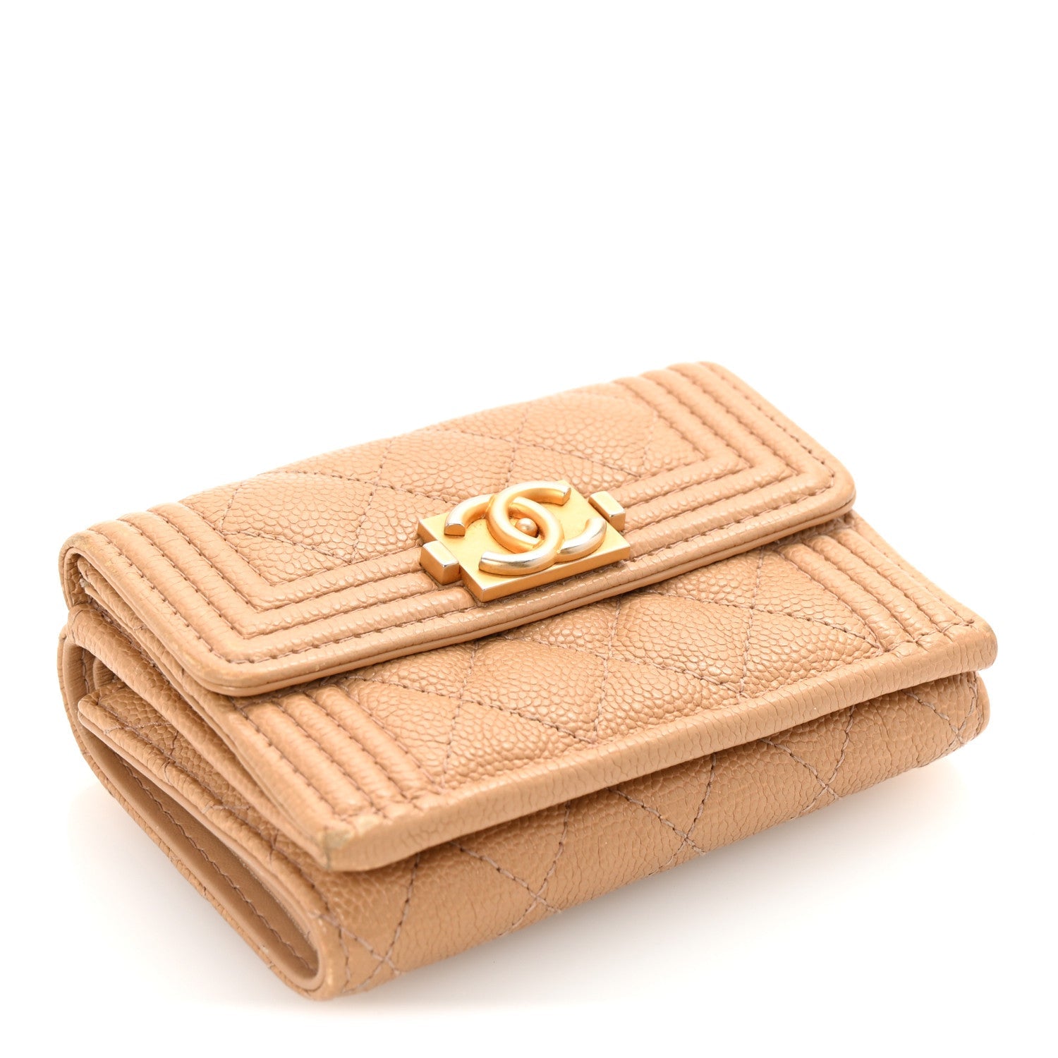 Caviar Quilted Small Boy Flap Wallet Beige