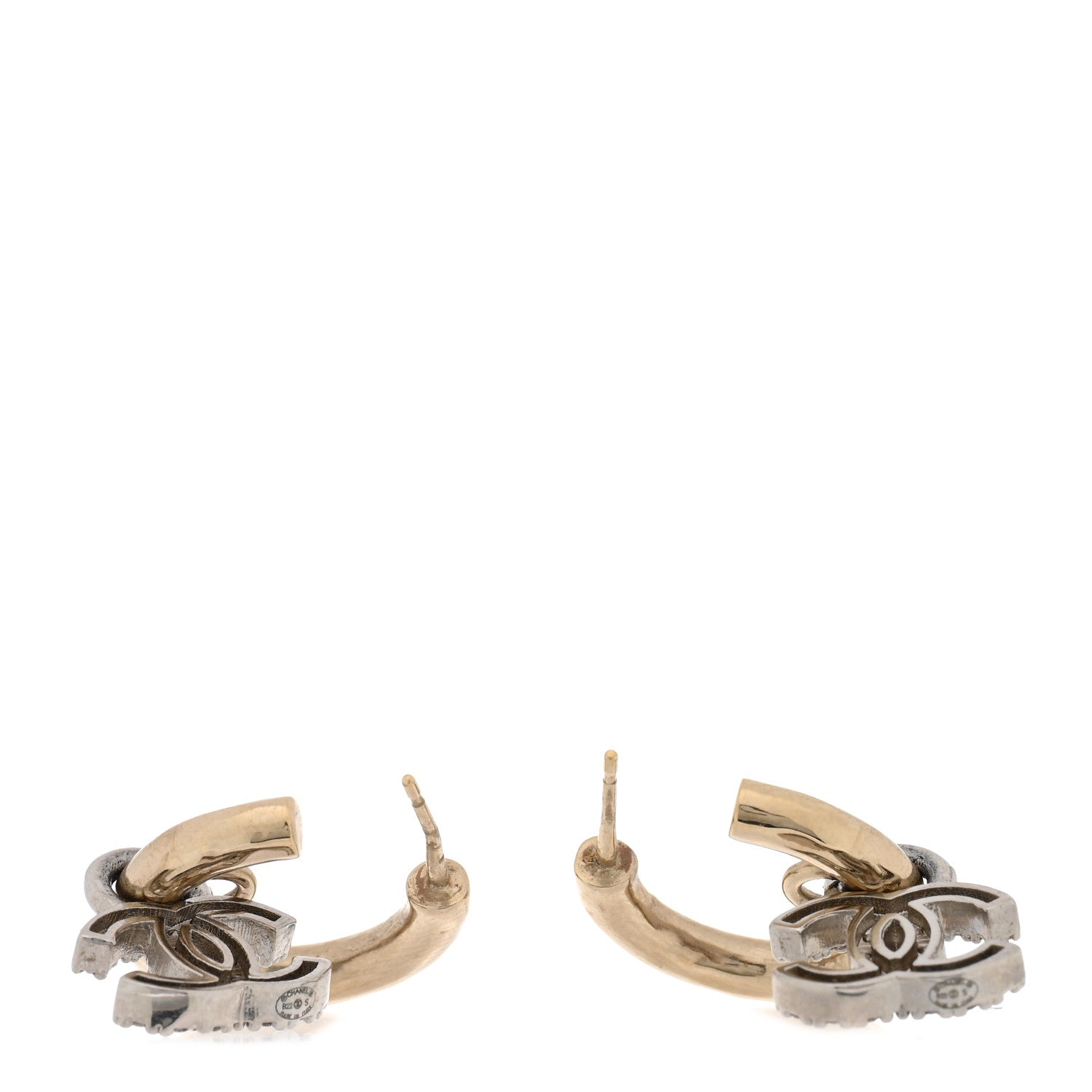 Metal Crystal Studded CC Hoop Drop Earrings Gold