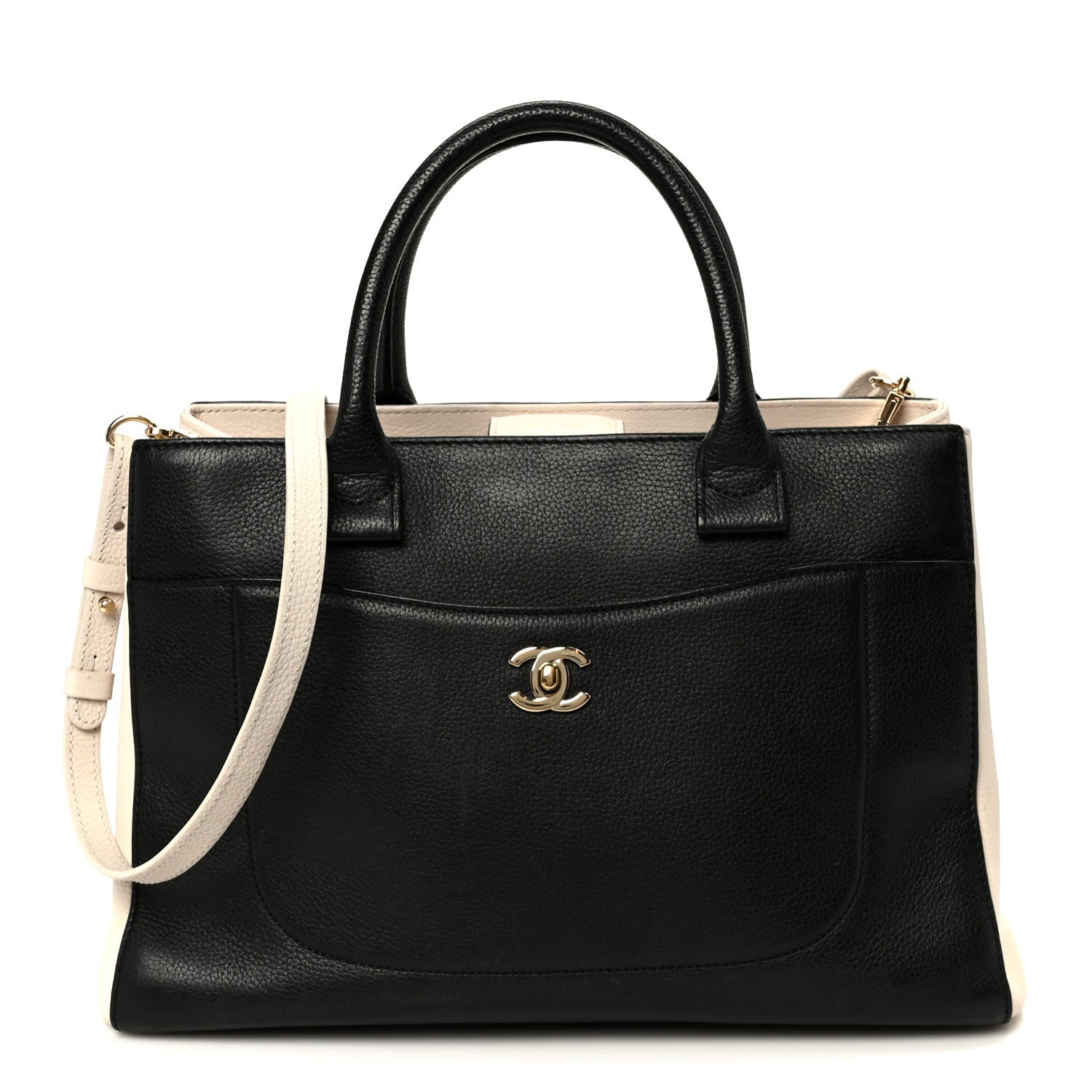 Grained Calfskin Small Bi-Color Neo Executive Shopper Tote Black Beige