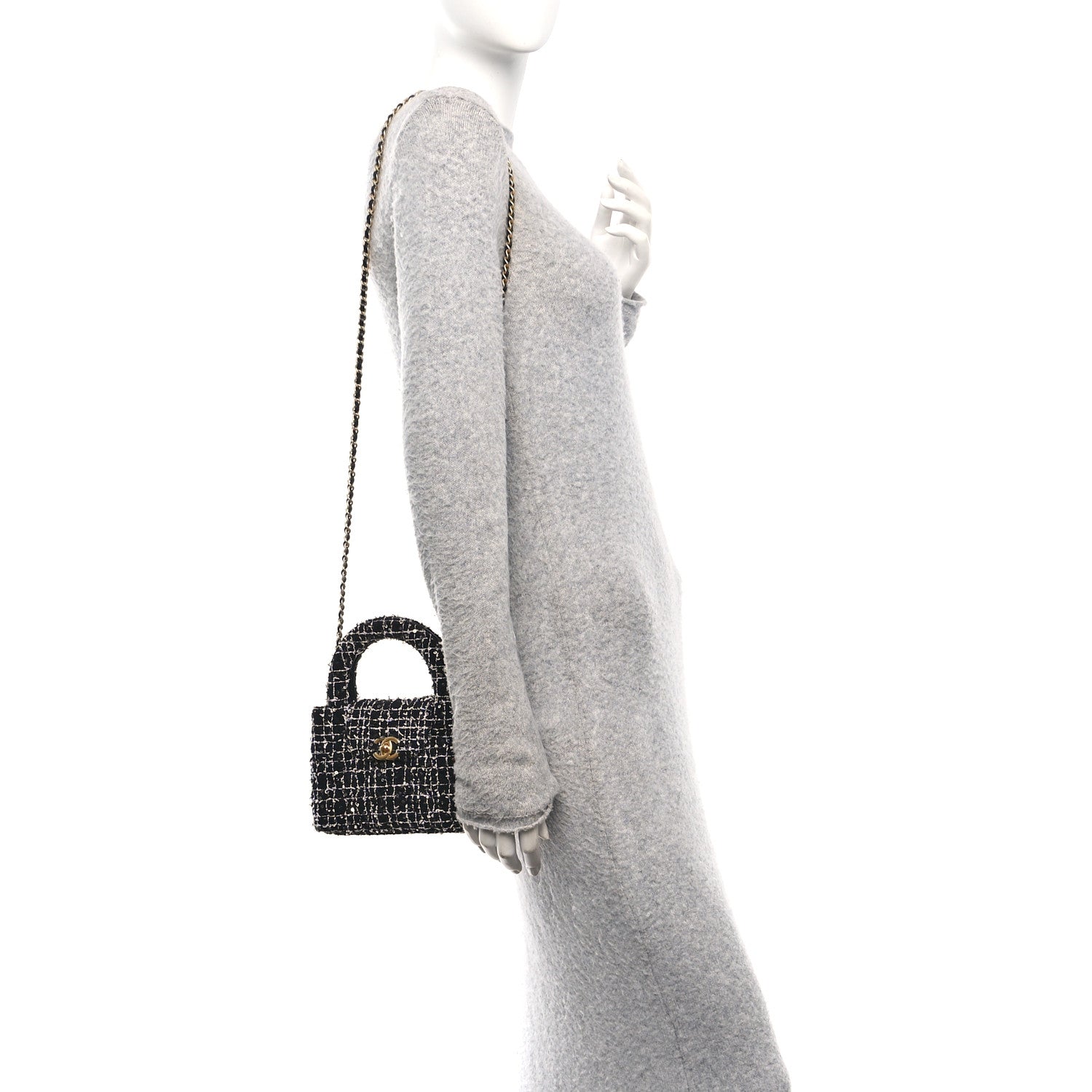 Tweed Quilted Nano Kelly Shopper Black White