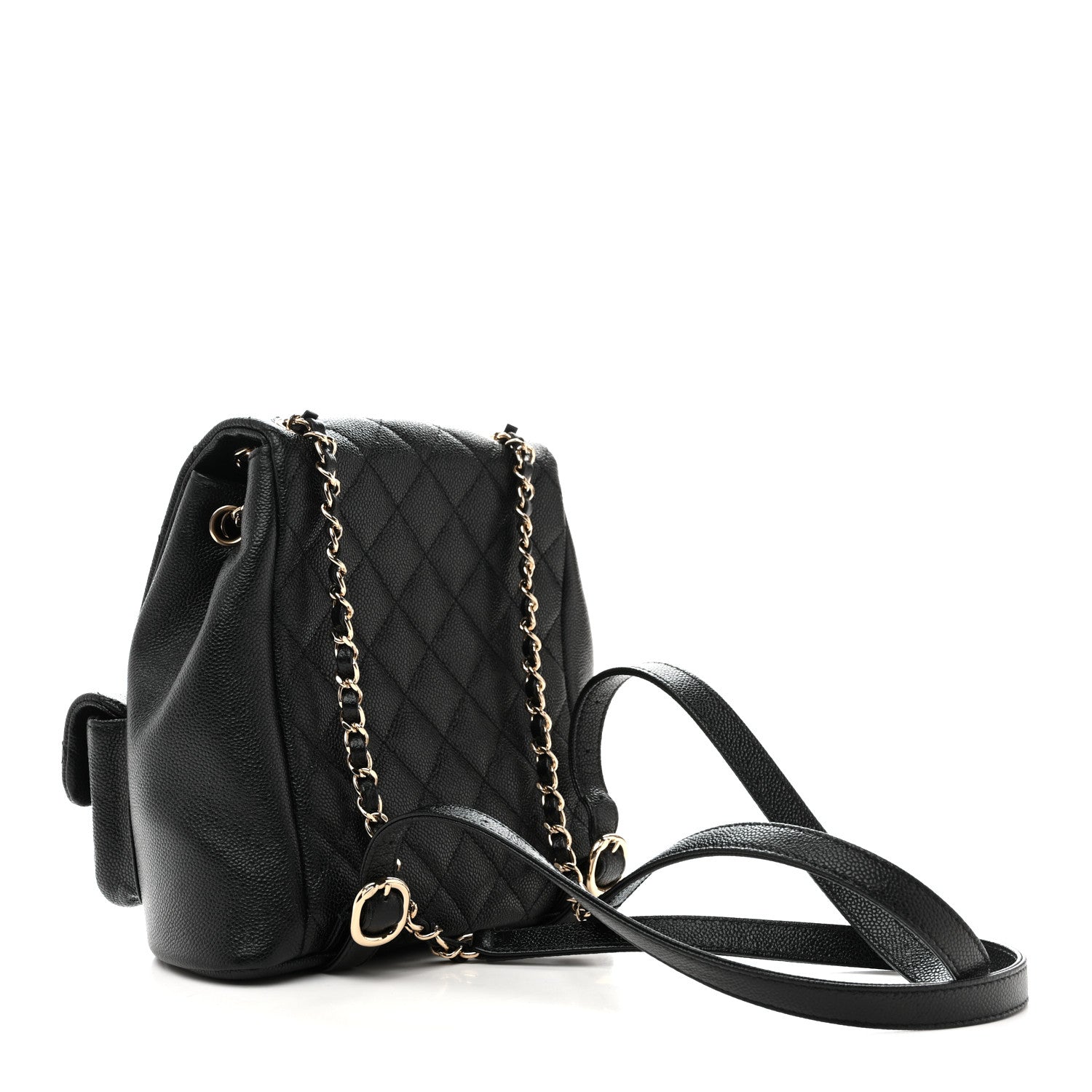 Shiny Caviar Quilted Medium Duma Pockets Drawstring Backpack Black