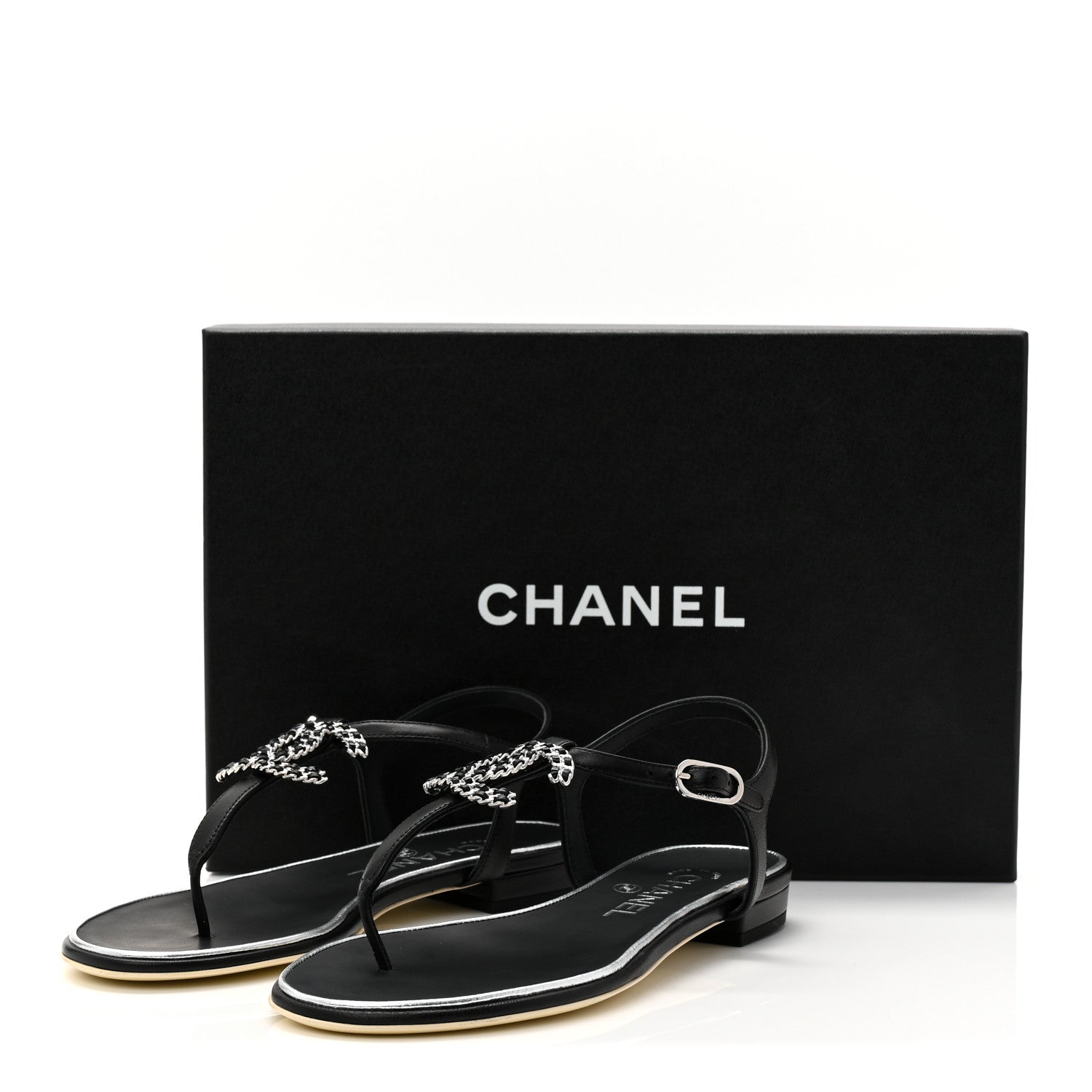 Lambskin CC Chain Thong Sandals 35.5 Black