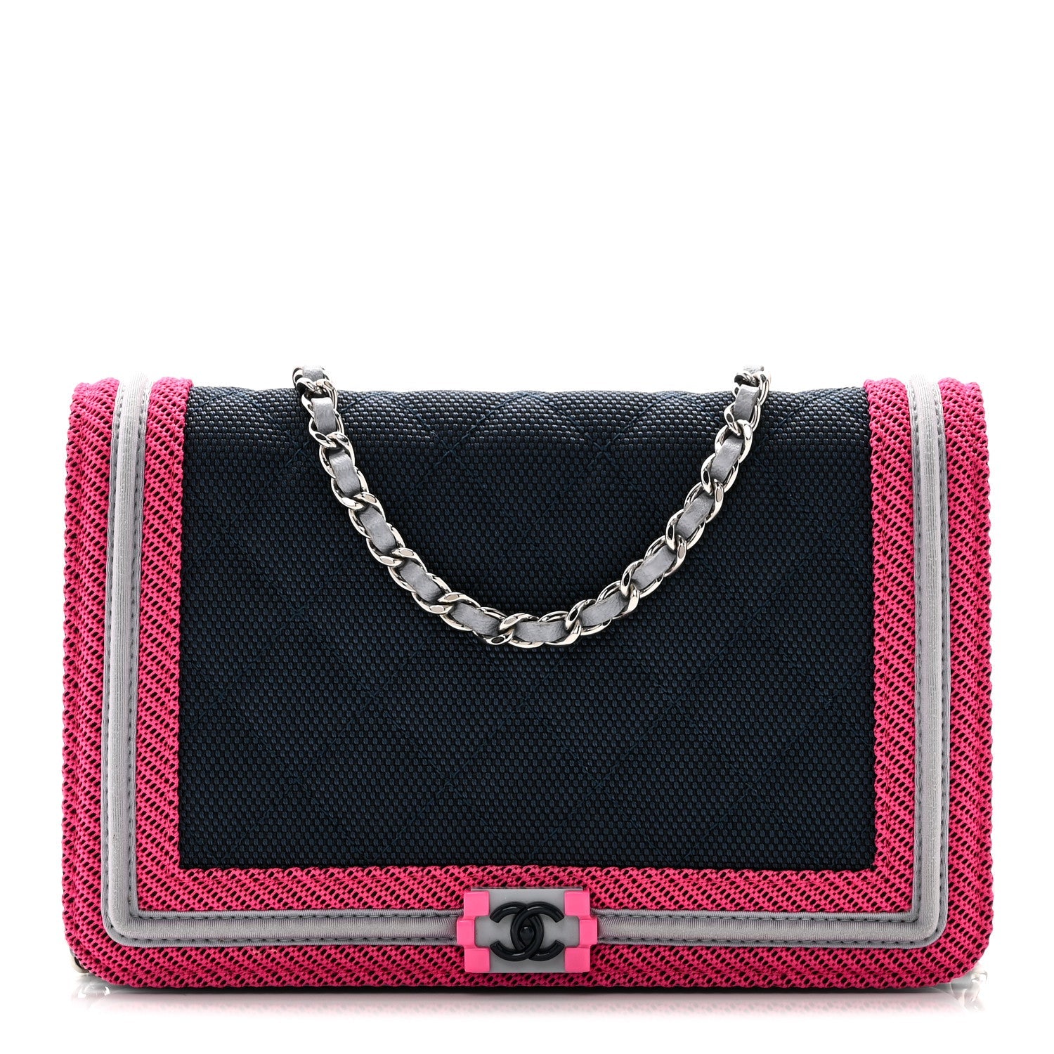 Canvas Quilted Fluo Boy Wallet On Chain WOC Dark Navy Fuchsia Grey