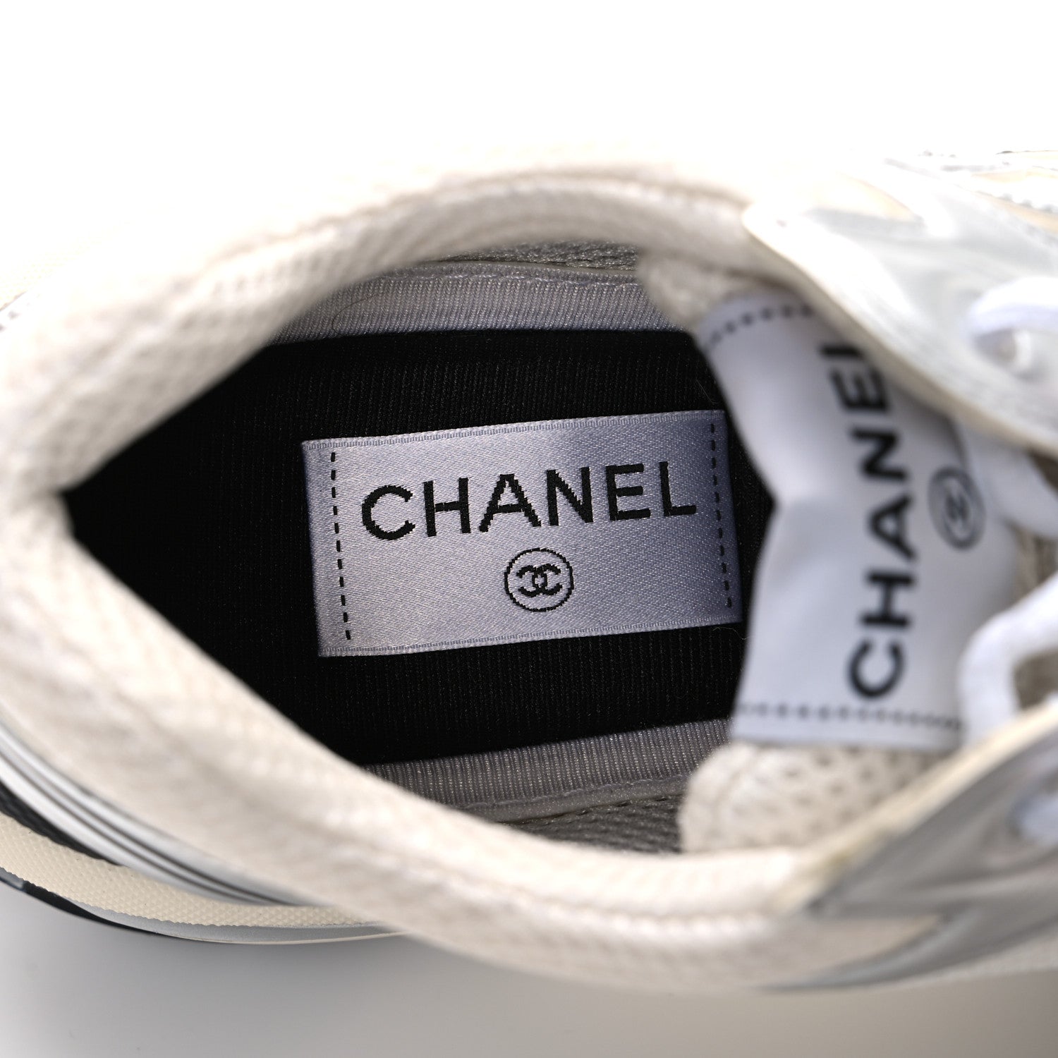 Fabric Laminated Calfskin Stretch CC Womens Sneakers 40 White Silver