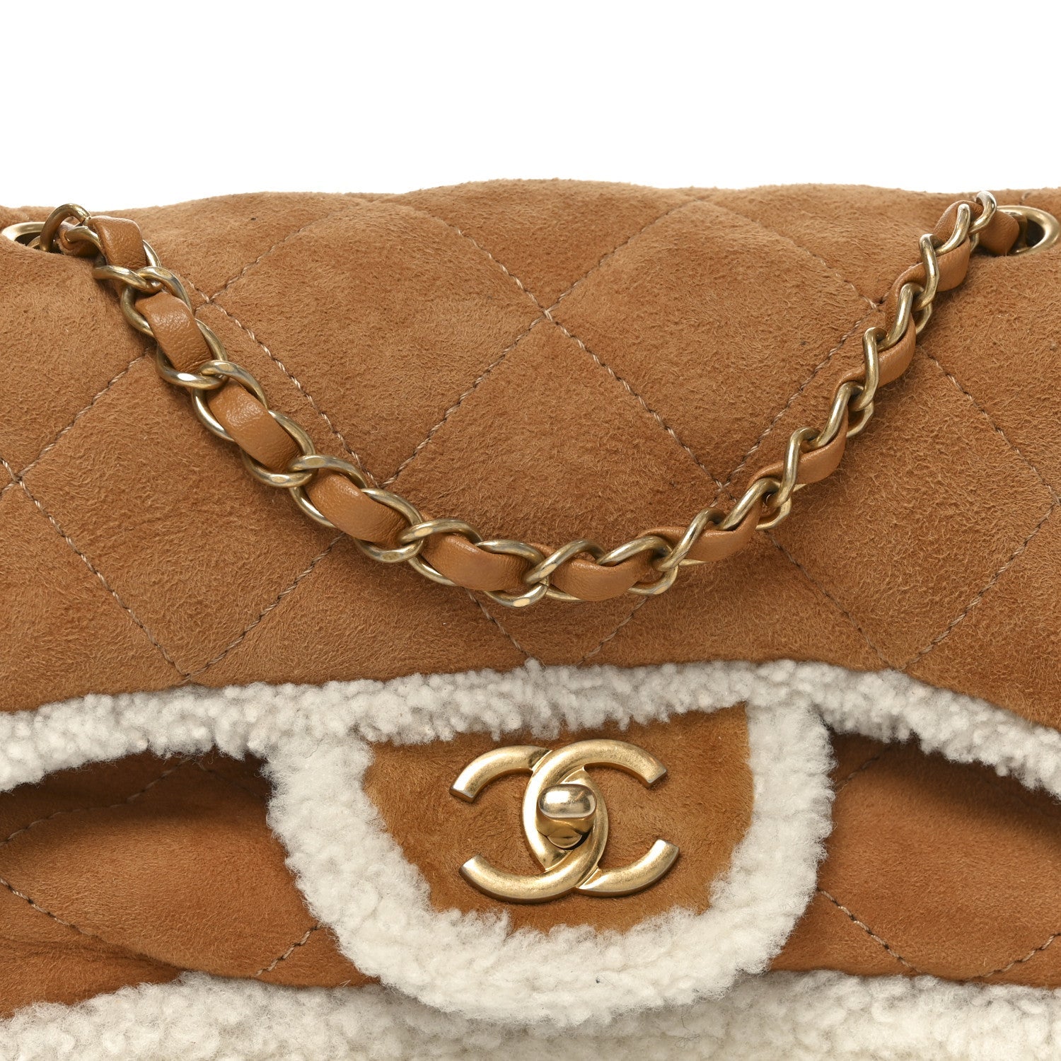 Shearling Lambskin Quilted Medium Coco Neige Single Flap Beige
