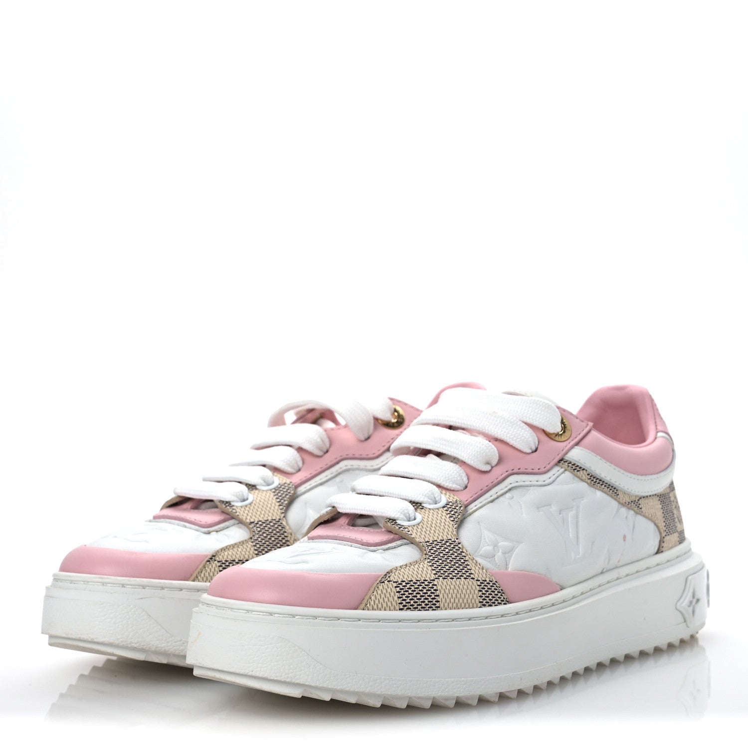 Monogram Embossed Calfskin Damier Azur Time Out Sneakers 36 Rose Clair Pink