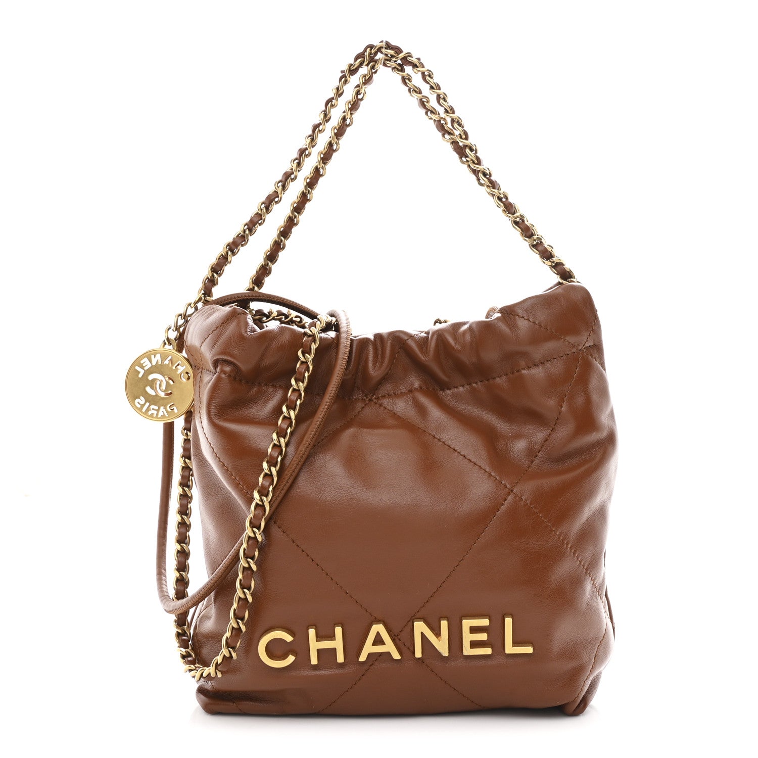 Shiny Calfskin Quilted Mini Chanel 22 Light Brown