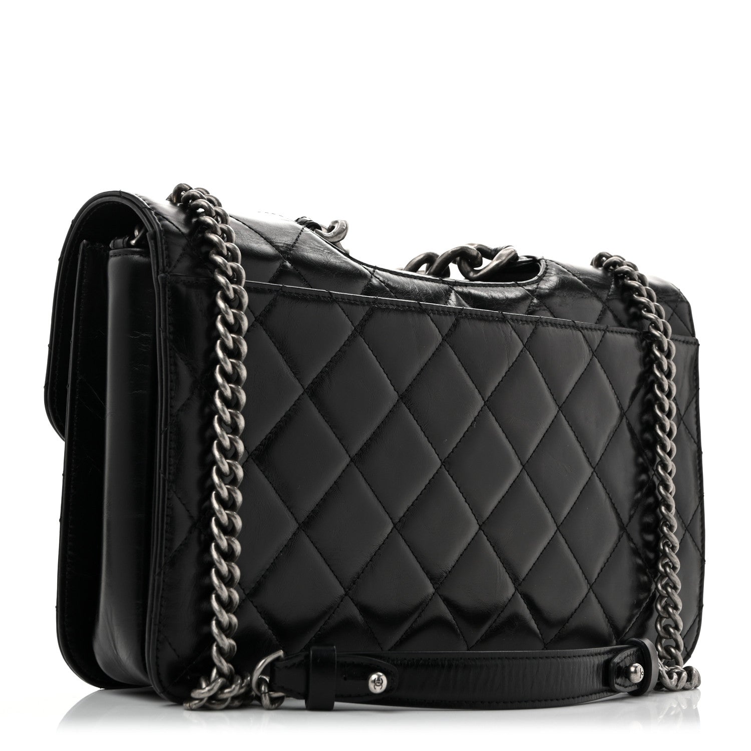 Glazed Calfskin Quilted Large Perfect Edge Flap Black