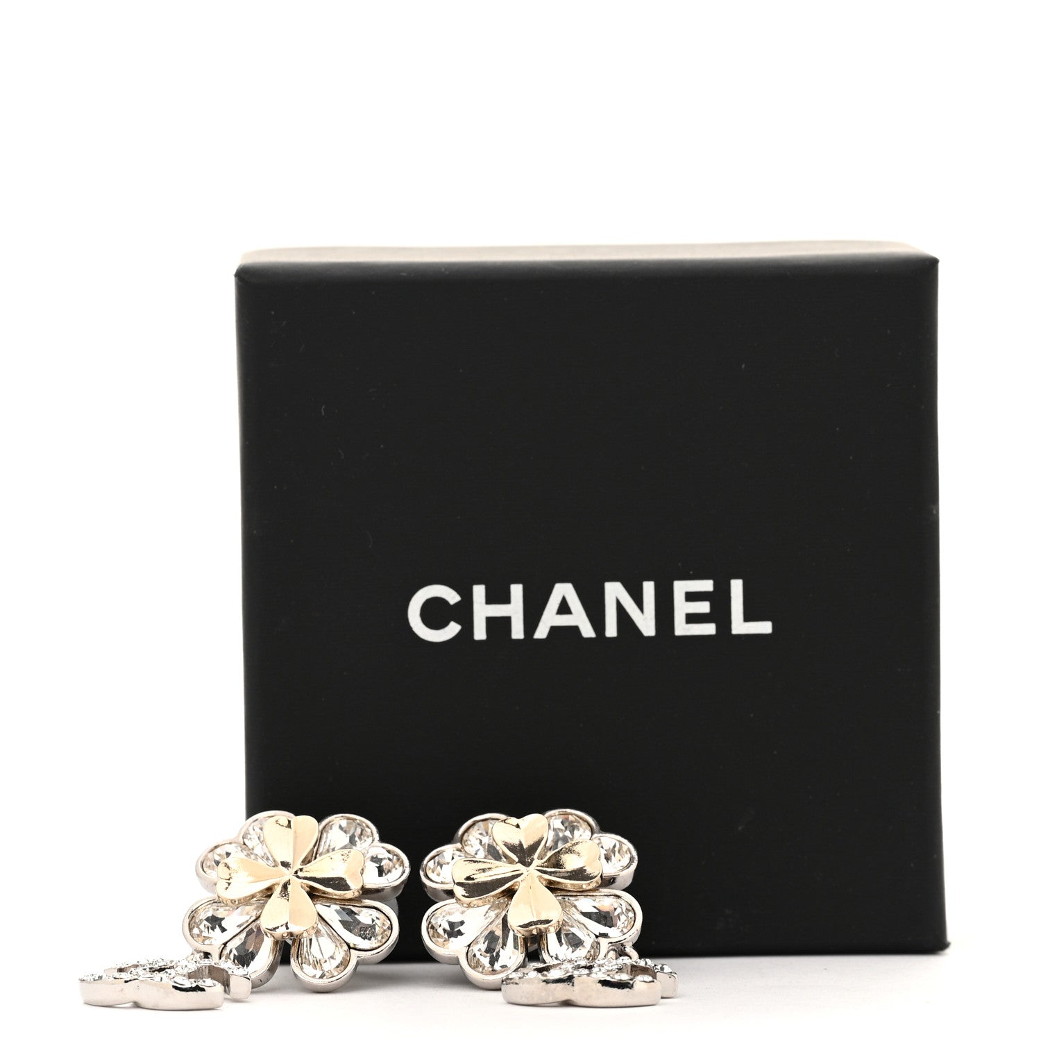 Crystal CC Clover Drop Earrings Silver Gold