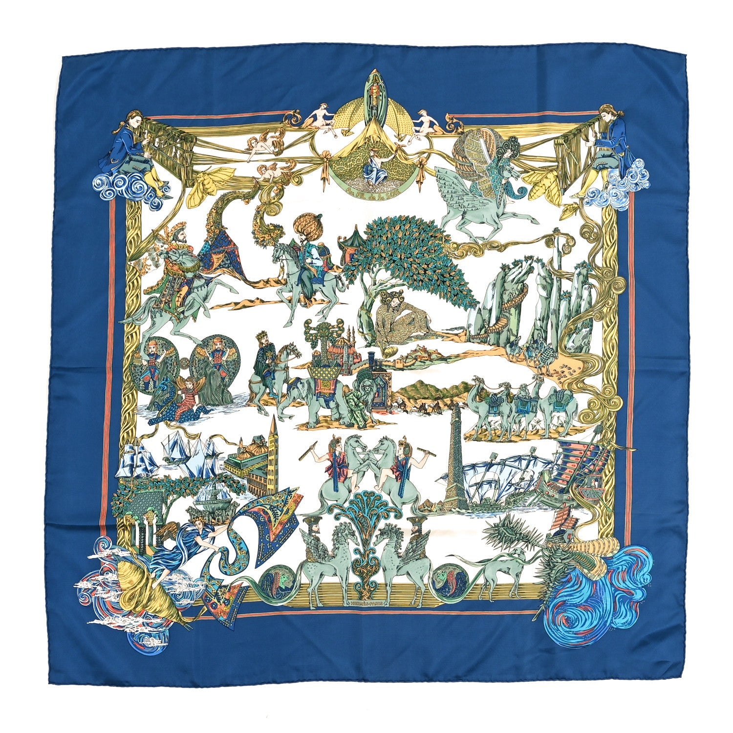 Silk Au Fil De La Soie Scarf 90 Blue White Multicolor