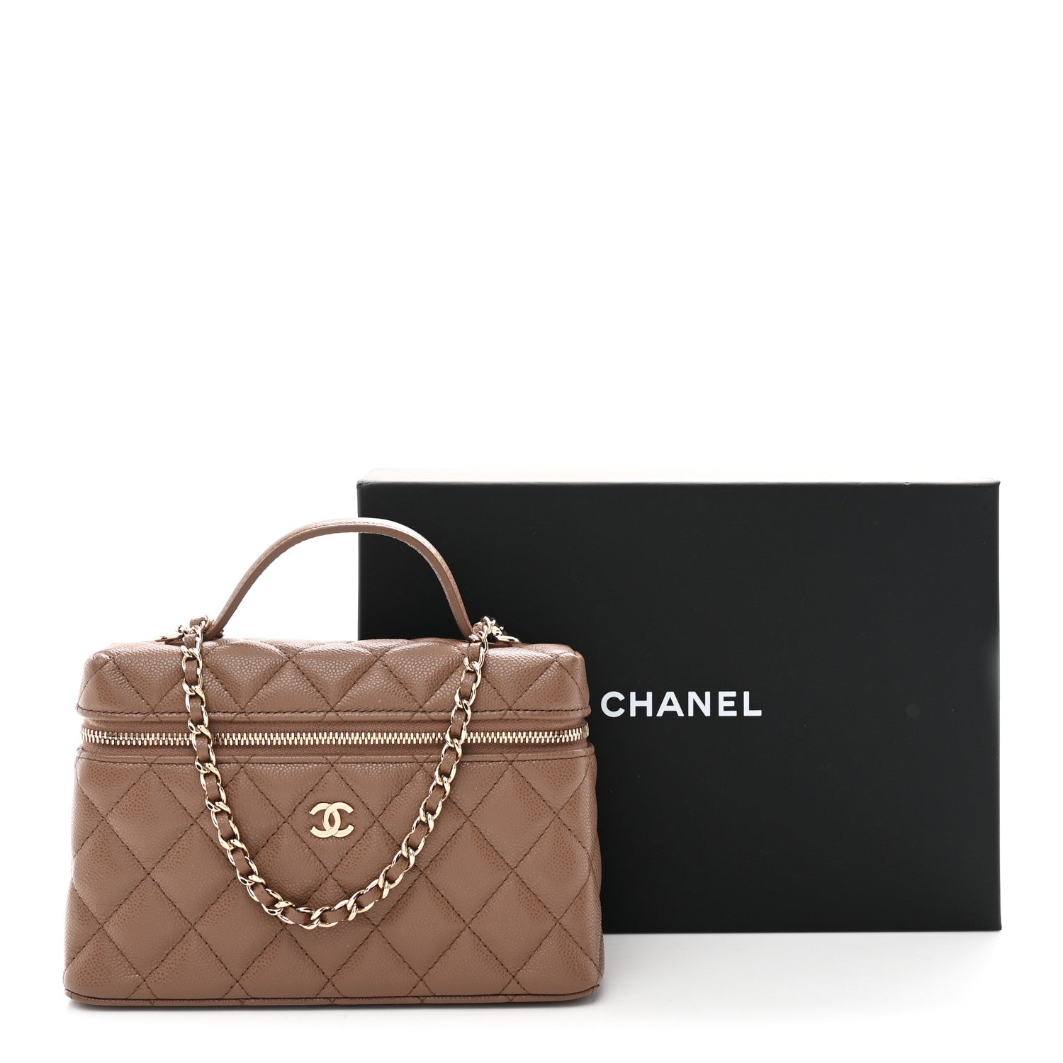 Caviar Quilted Top Handle Slim Vanity With Chain Dark Beige