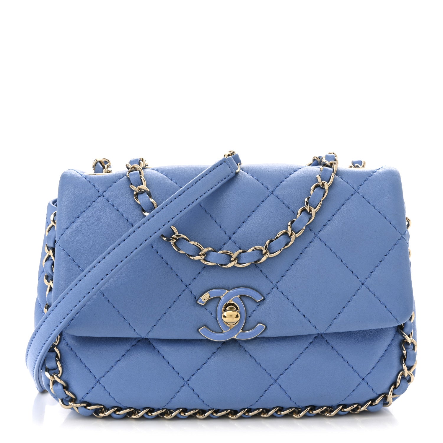 Lambskin Enamel Quilted Small Chain Frame Flap Blue