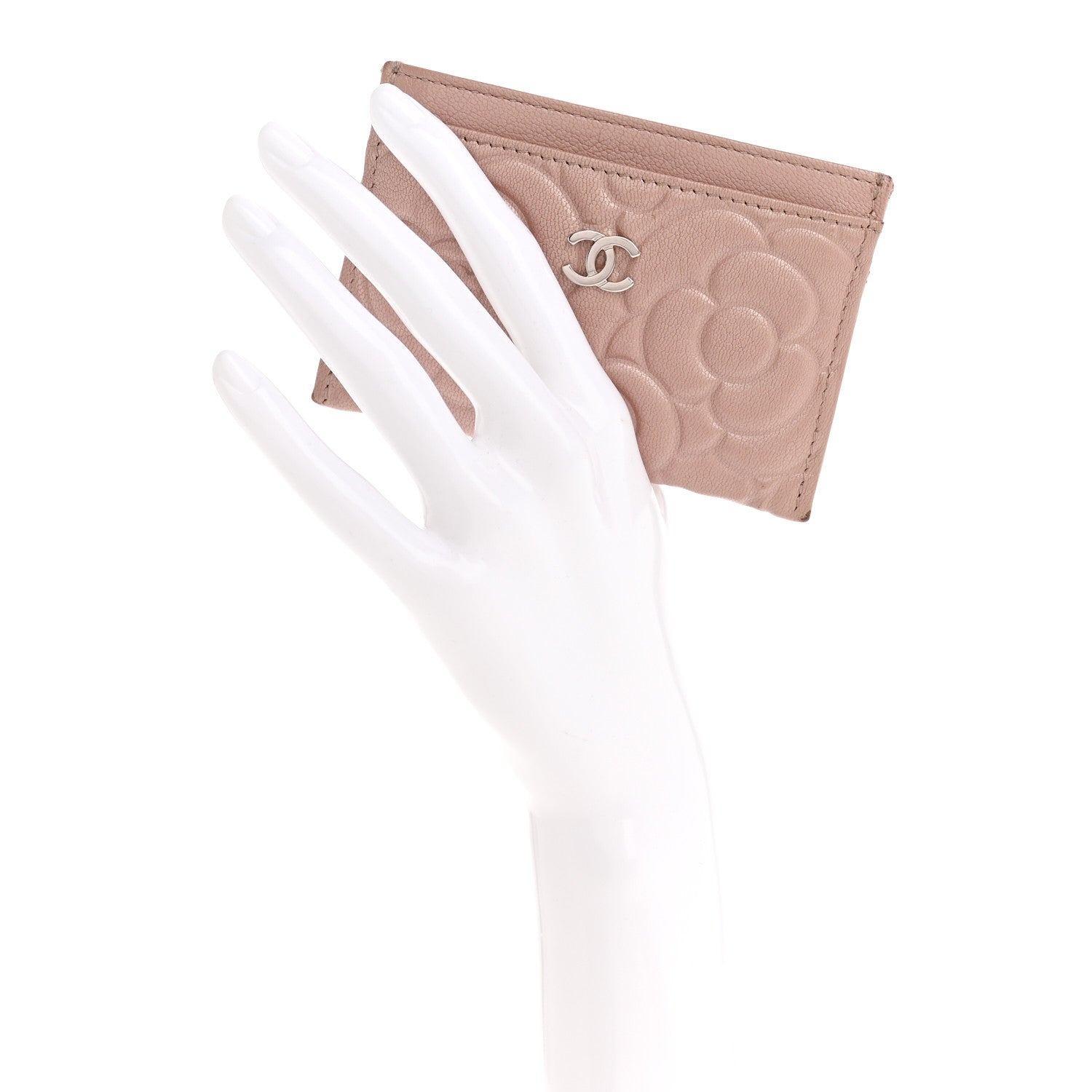 Goatskin Camellia Embossed Card Holder Light Pink