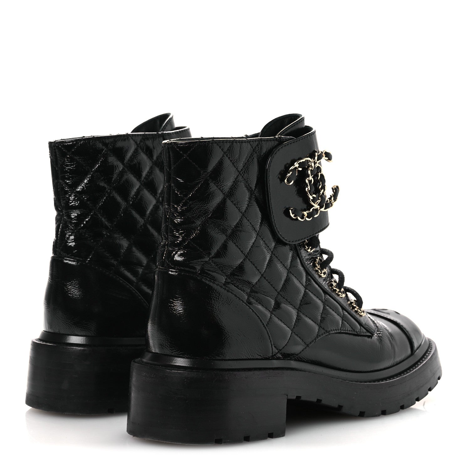 Shiny Calfskin Quilted Lace Up Combat Boots 37 Black