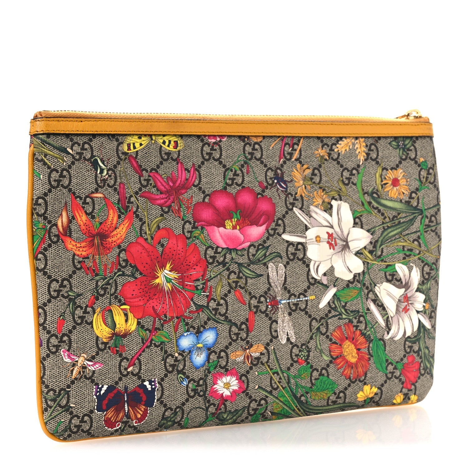 GG Supreme Monogram Flora Large Ophidia Pouch Clutch Beige Multicolor Crop
