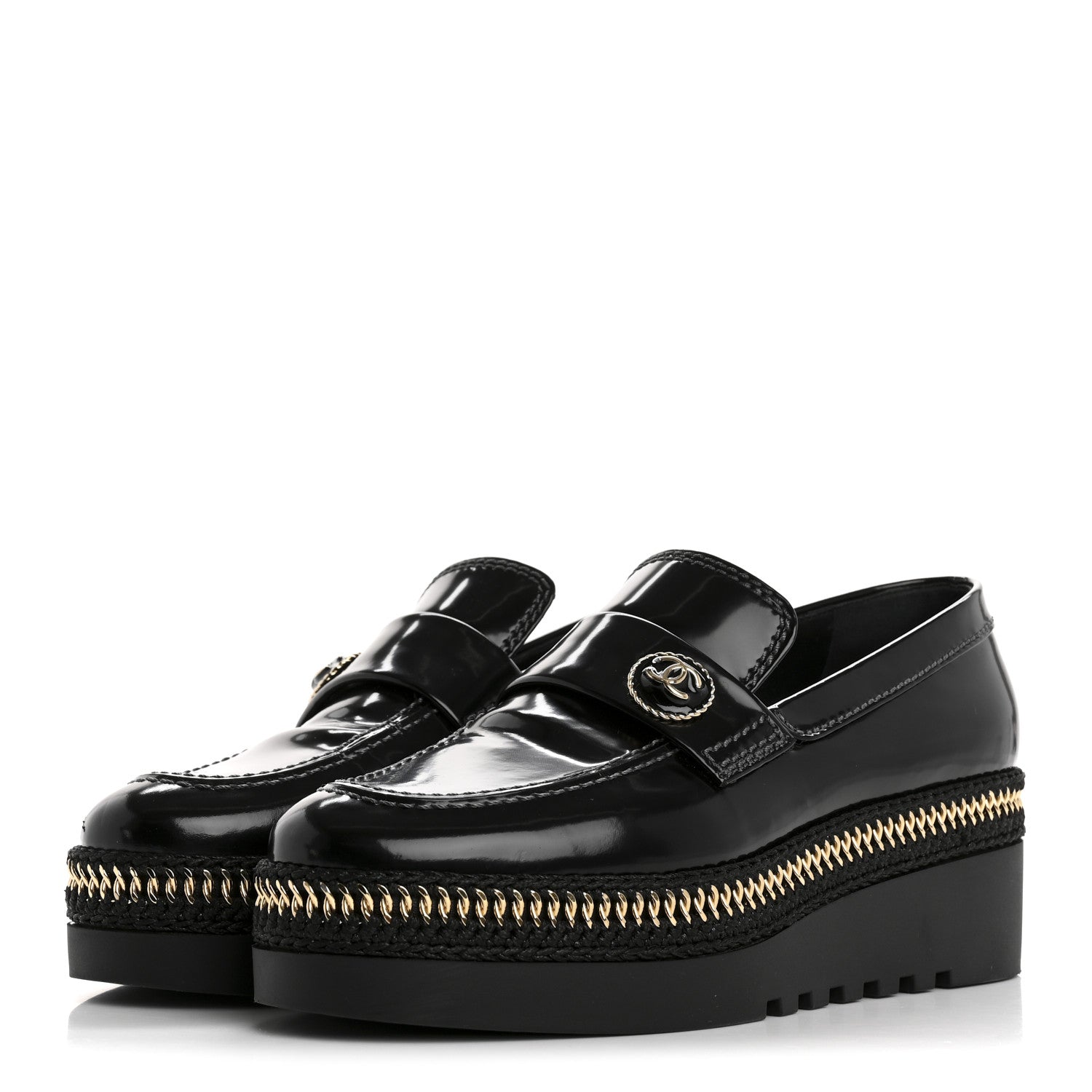 Shiny Calfskin Platform Loafers 37 Black
