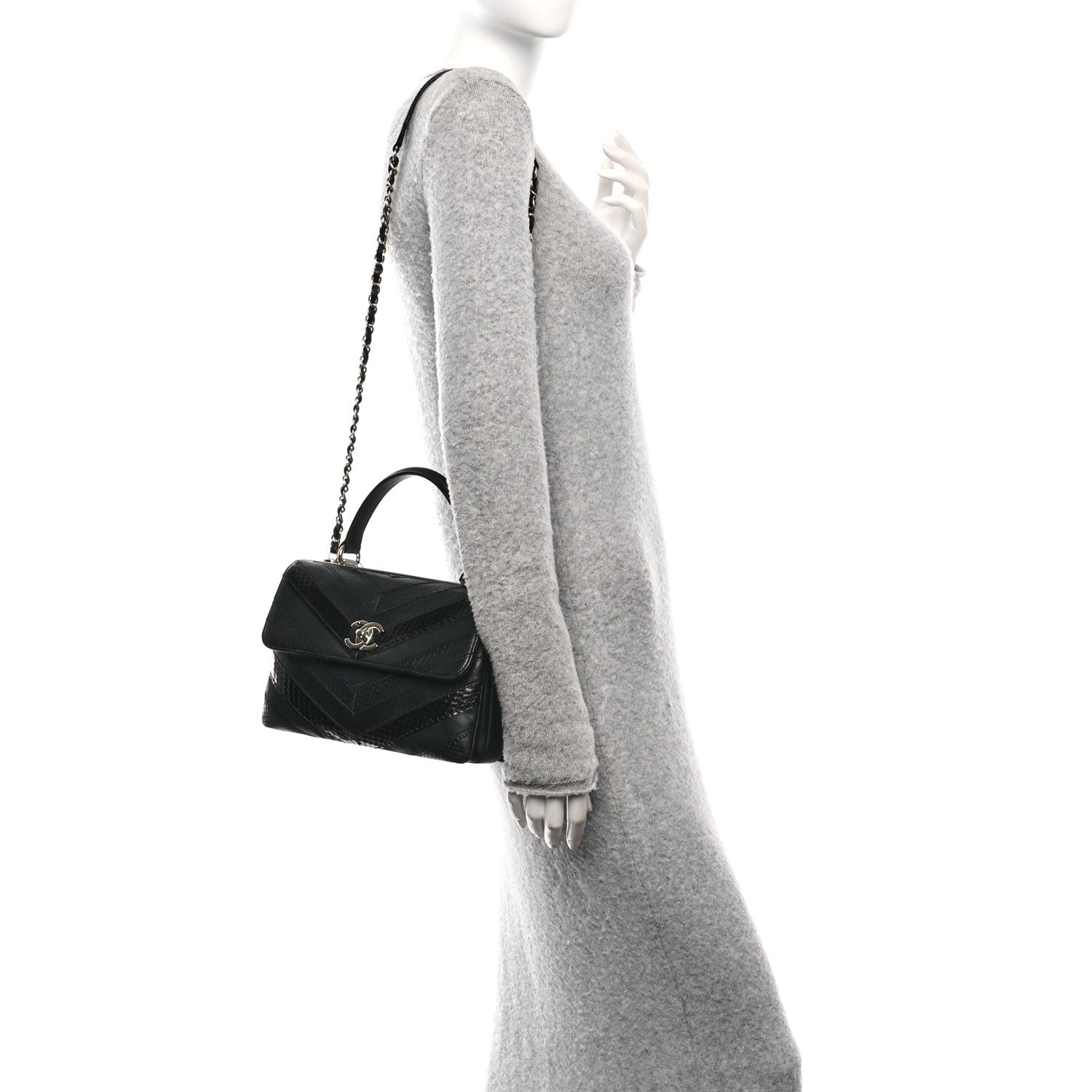 Calfskin Sheepskin Watersnake Chevron Quilted CC Small Trendy CC Dual Handle Flap Bag Black